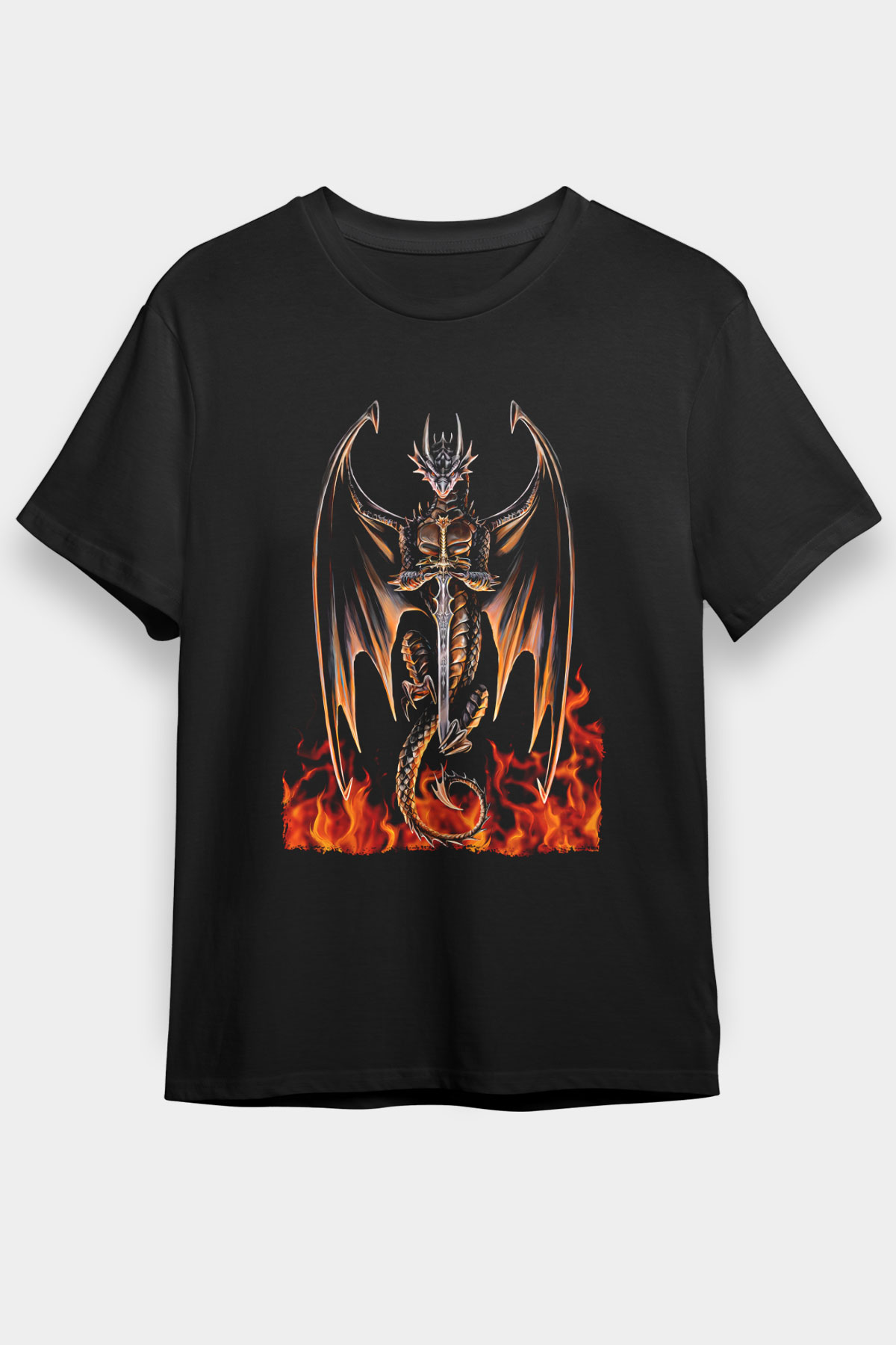 Ejderha Baskılı Unisex Siyah Tişört - Tshirt