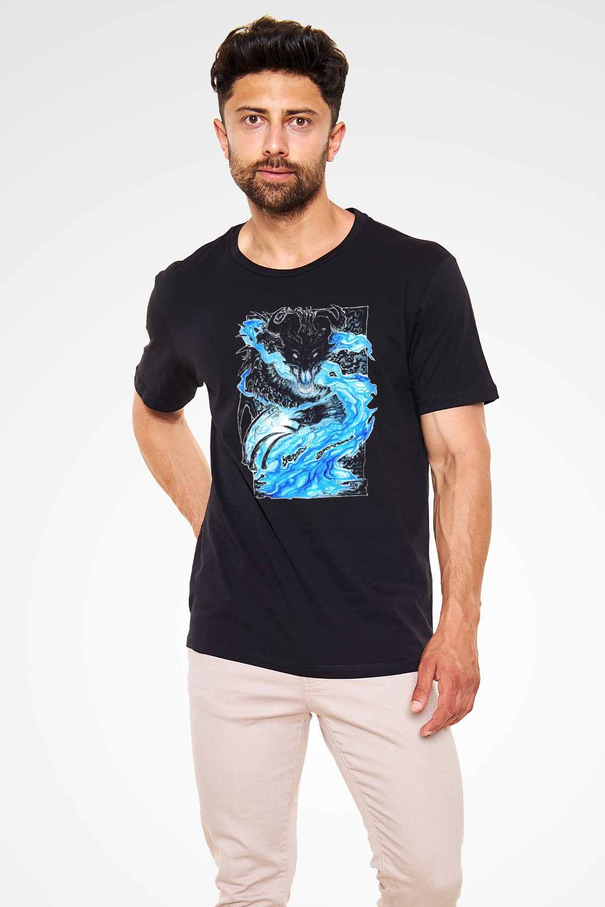 Ejderha Baskılı Unisex Siyah Tişört - Tshirt