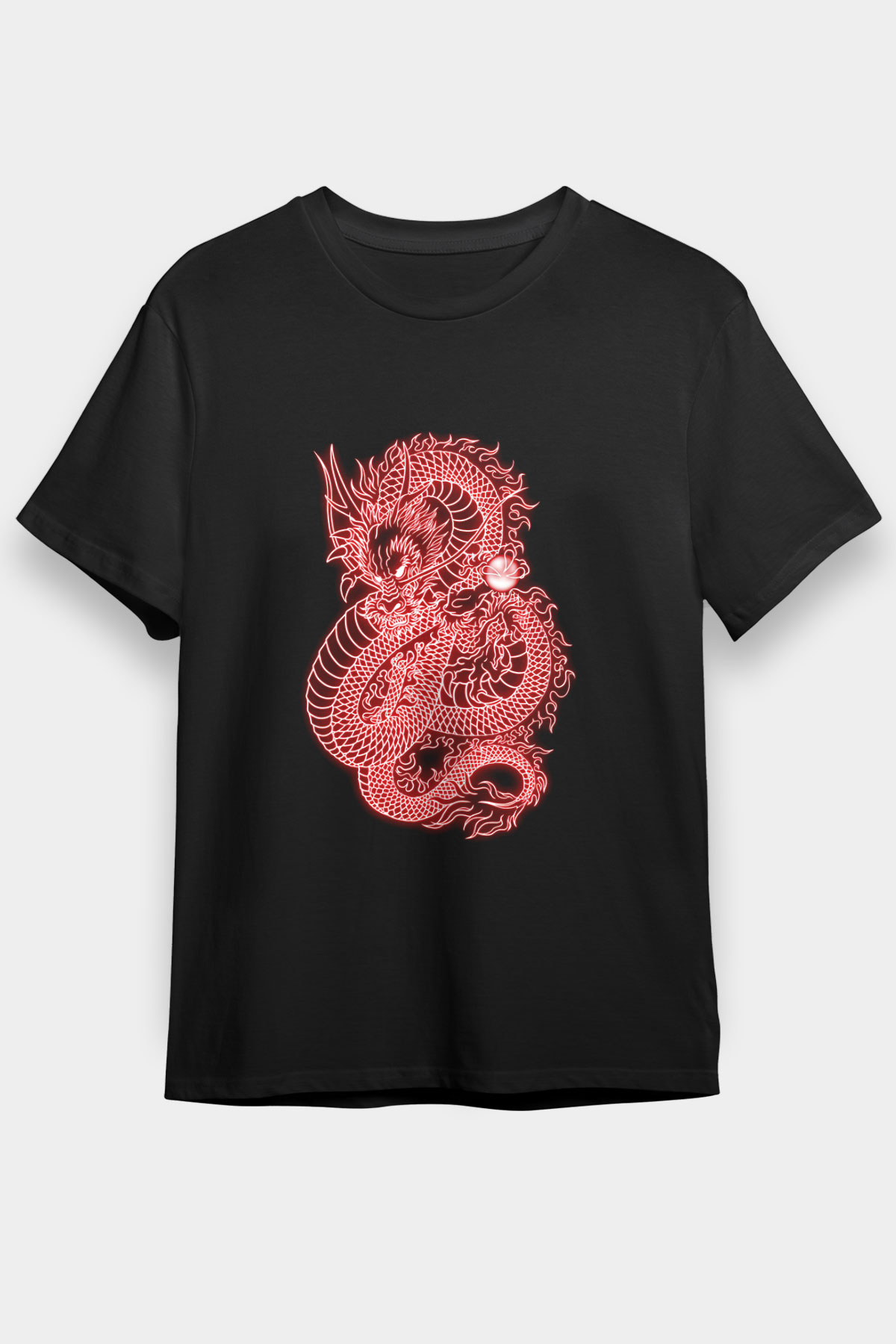 Ejderha Baskılı Unisex Siyah Tişört - Tshirt