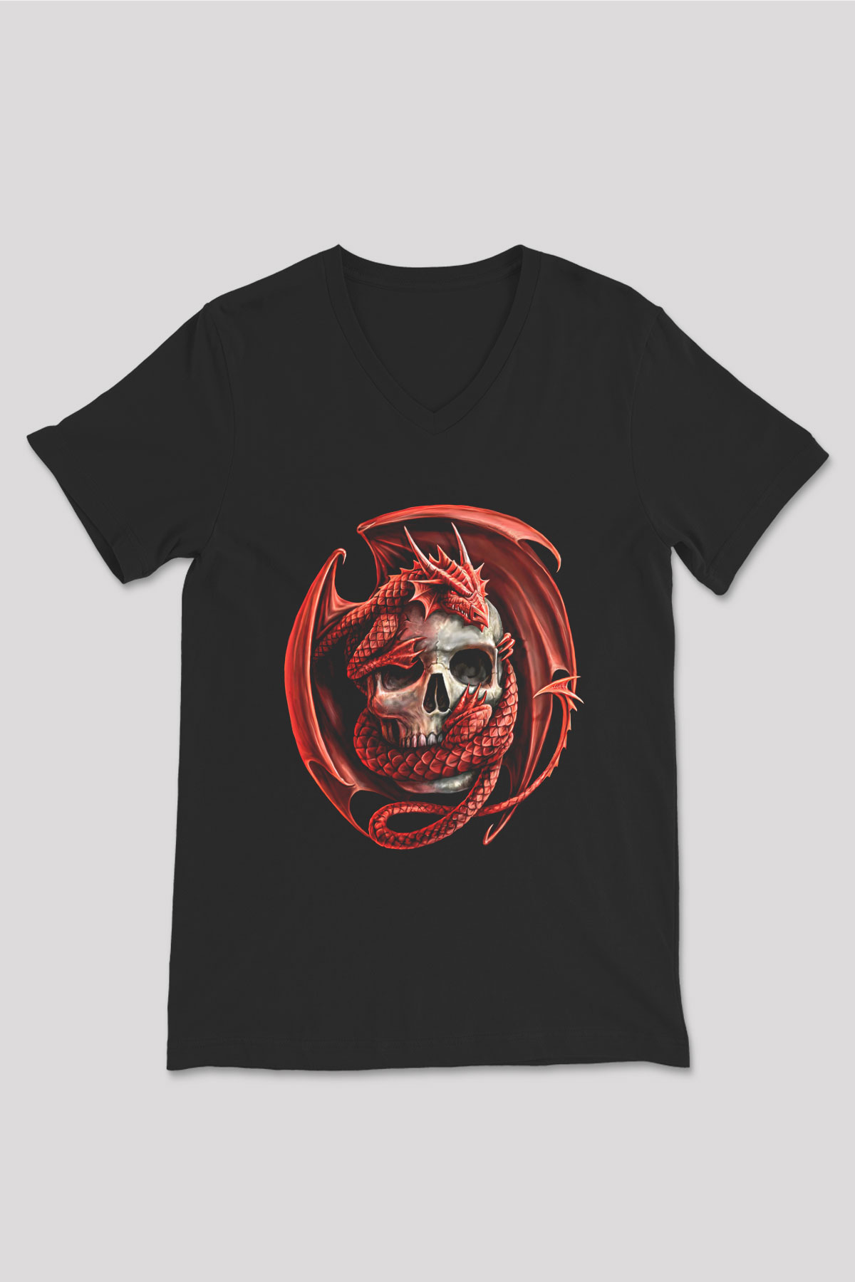 Ejderha Baskılı Unisex Siyah V Yaka Tişört - Tshirt