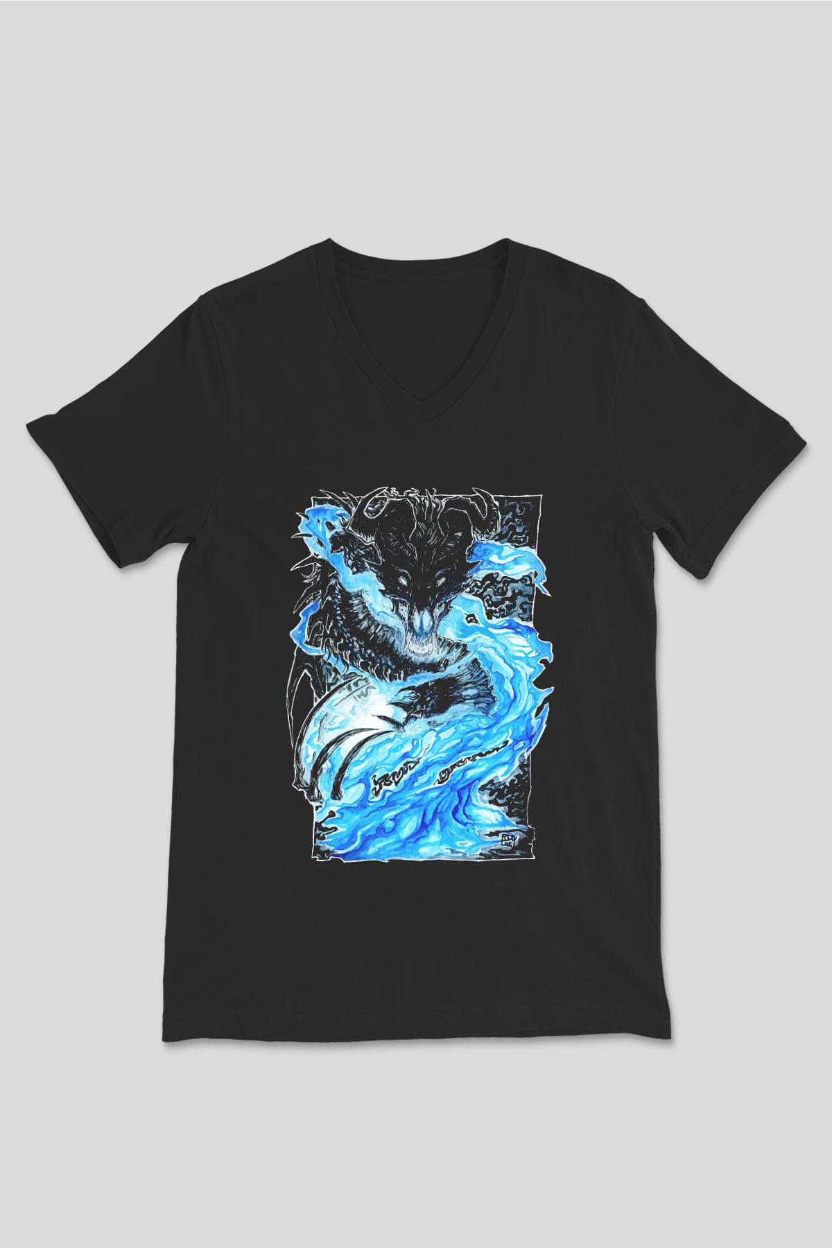 Ejderha Baskılı Unisex Siyah V Yaka Tişört - Tshirt