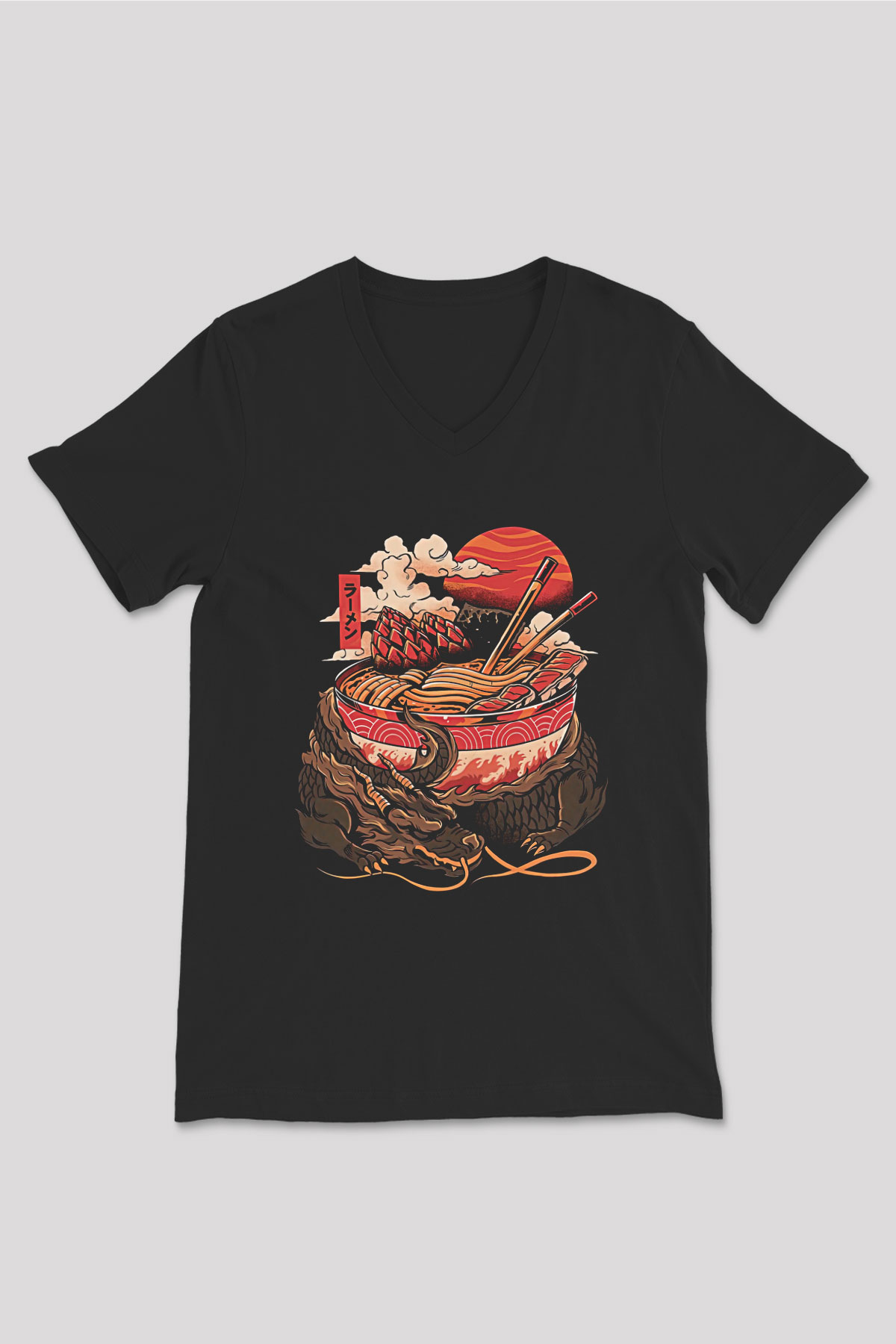 Ejderha Baskılı Unisex Siyah V Yaka Tişört - Tshirt