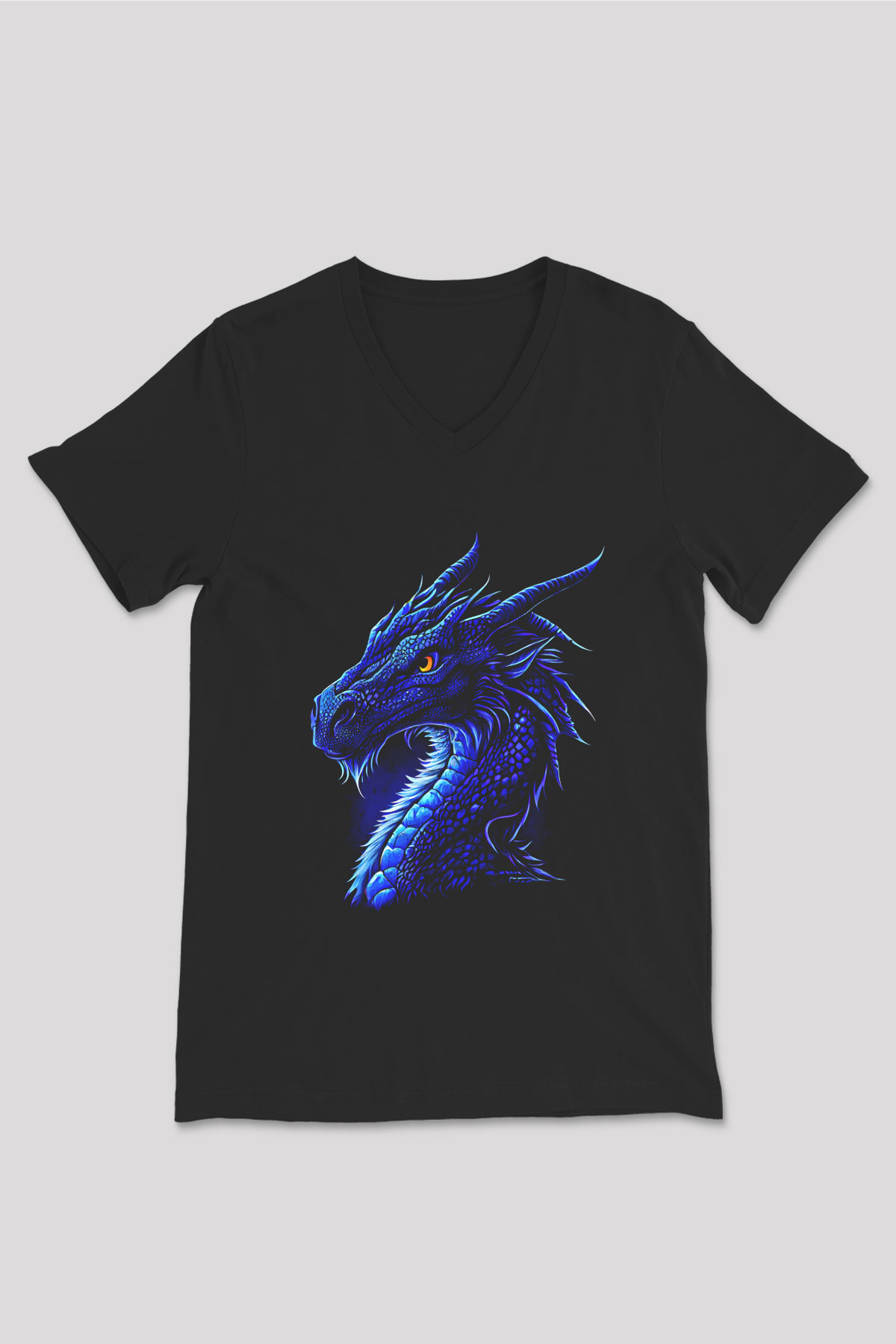 Ejderha Baskılı Unisex Siyah V Yaka Tişört - Tshirt