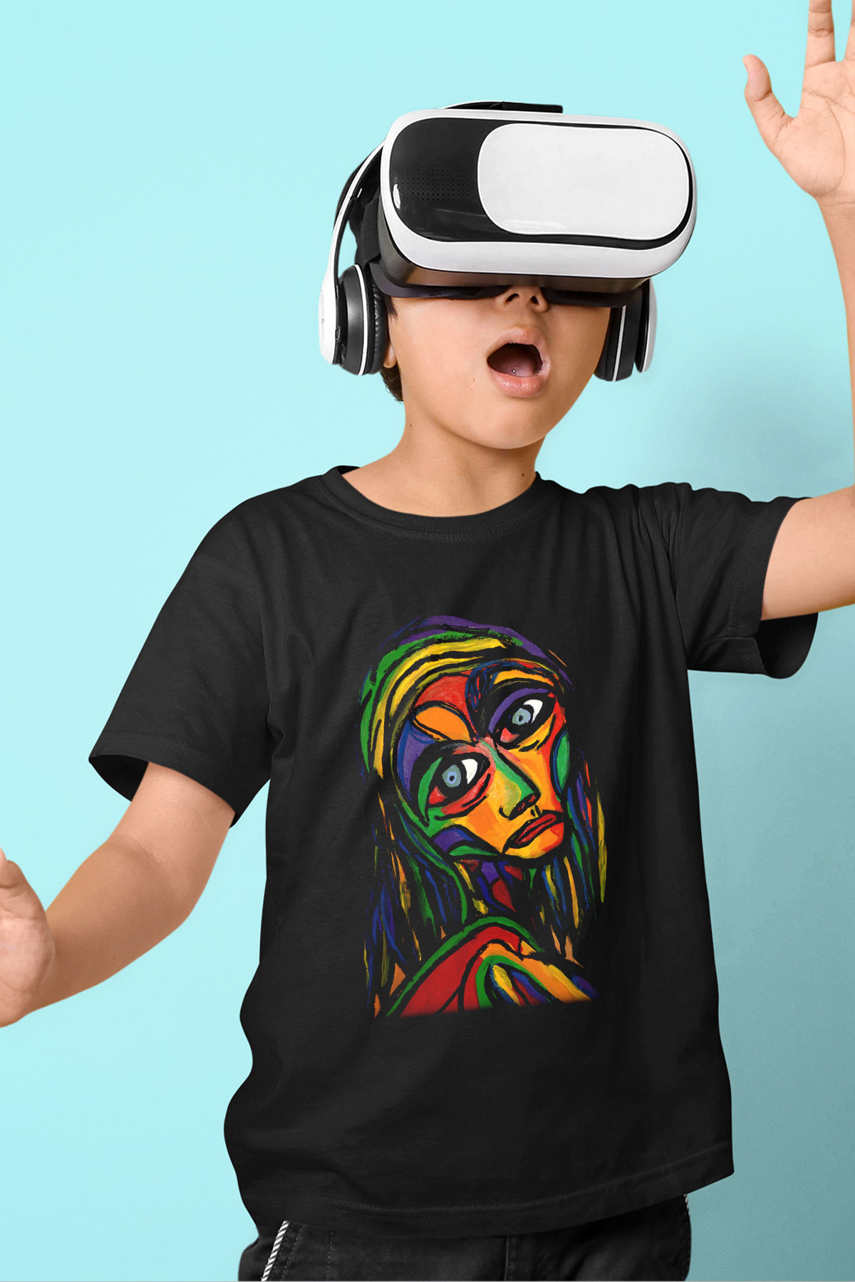 Ekspresyonizm Baskılı Siyah Unisex Çocuk Tişört