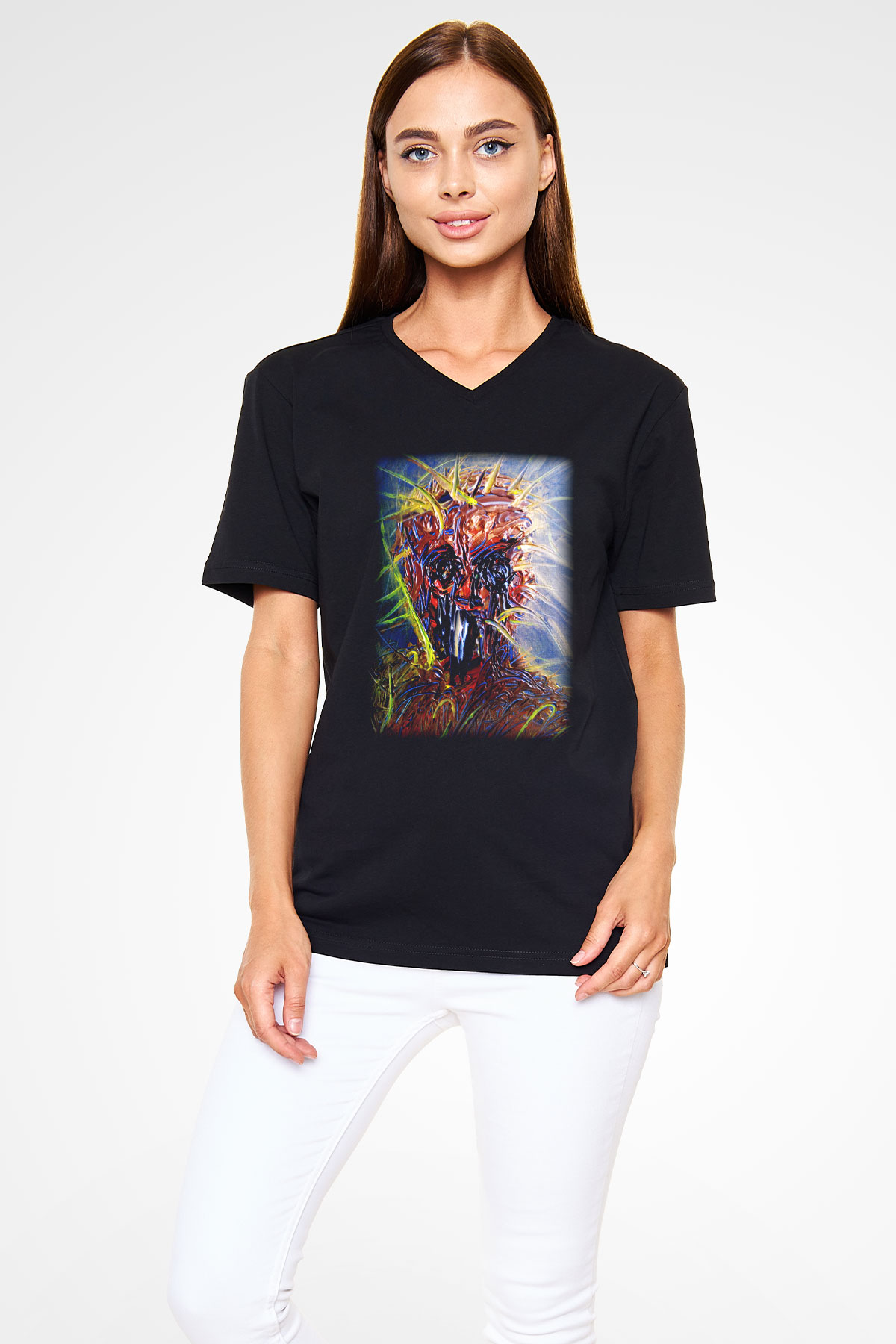 Ekspresyonizm Siyah Unisex V Yaka Tişört T-Shirt
