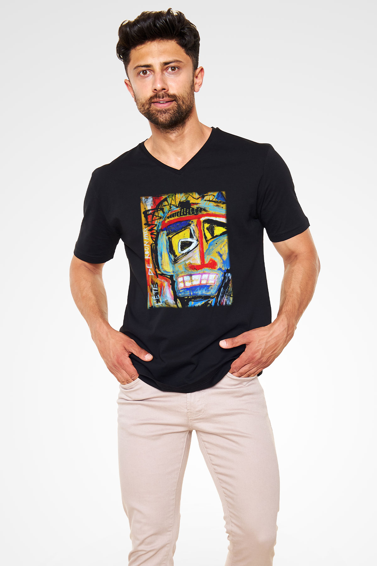 Ekspresyonizm Siyah Unisex V Yaka Tişört T-Shirt