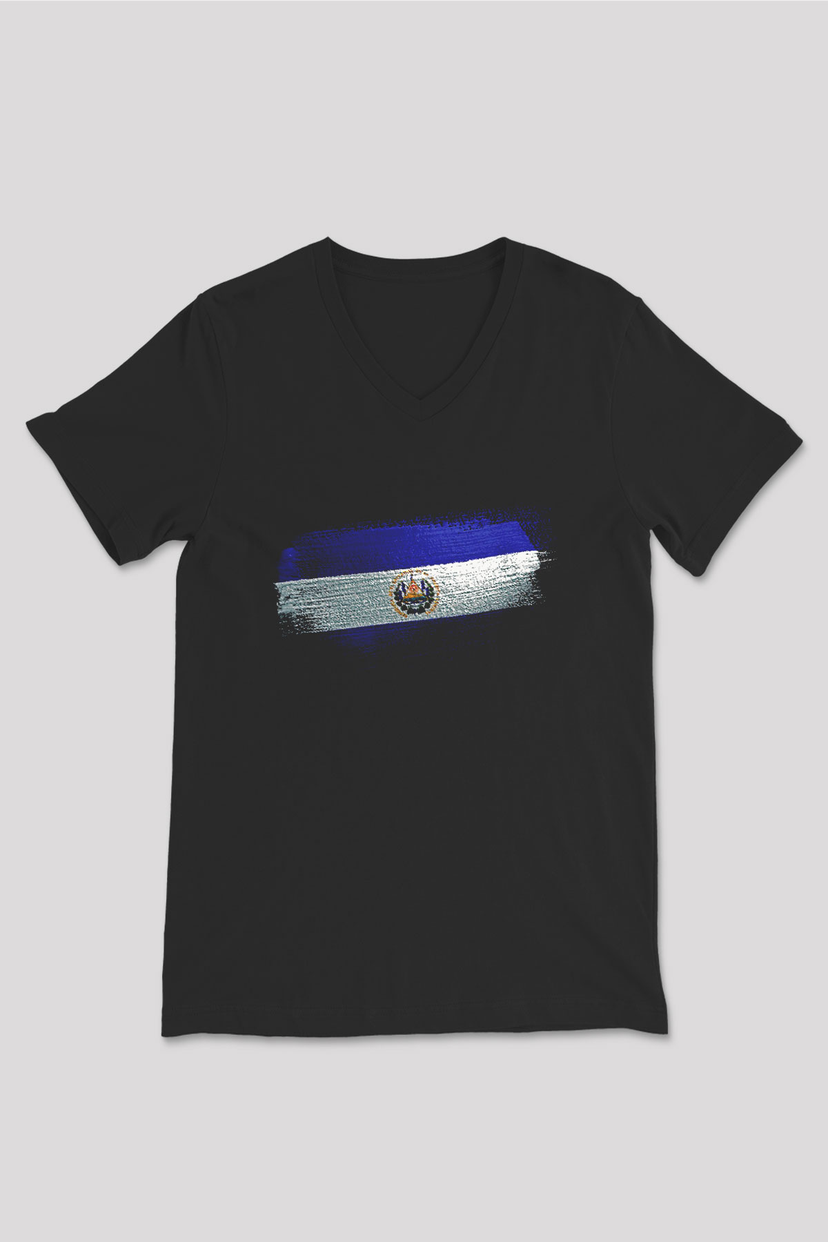 El Salvador Bayrağı Baskılı Unisex Siyah V Yaka Tişört