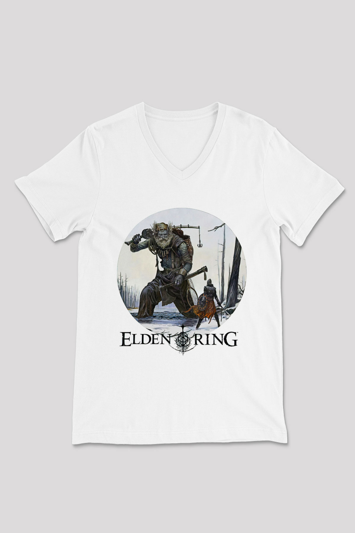 Elden Ring Baskılı Beyaz Unisex V Yaka Tişört - Tshirt