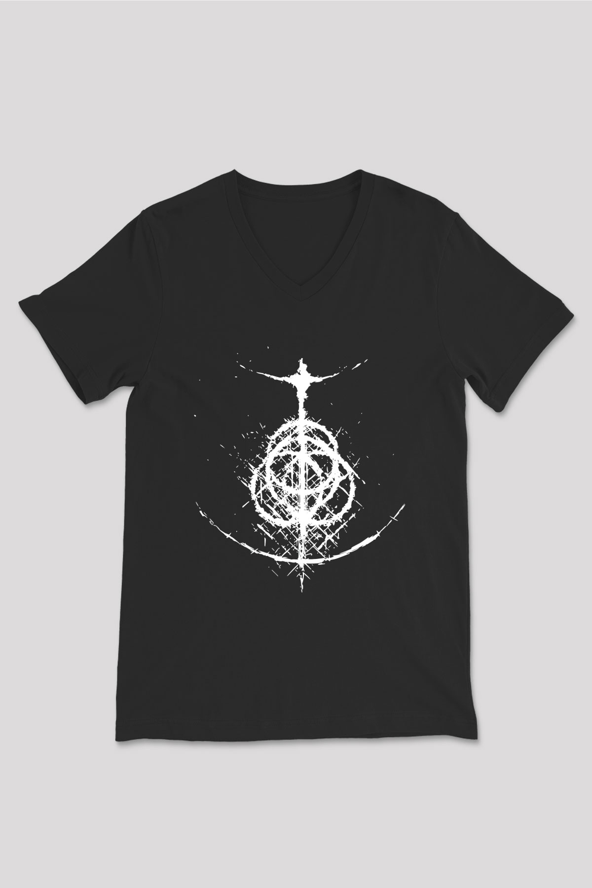 Elden Ring Baskılı Unisex Siyah V Yaka Tişört - Tshirt