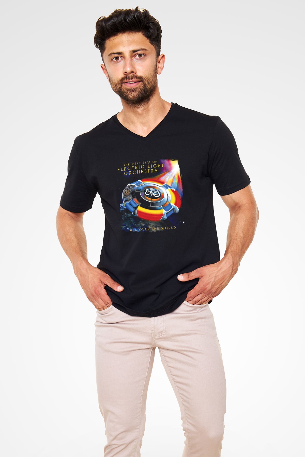 Electric Light Orchestra Baskılı Unisex Siyah V Yaka Tişört