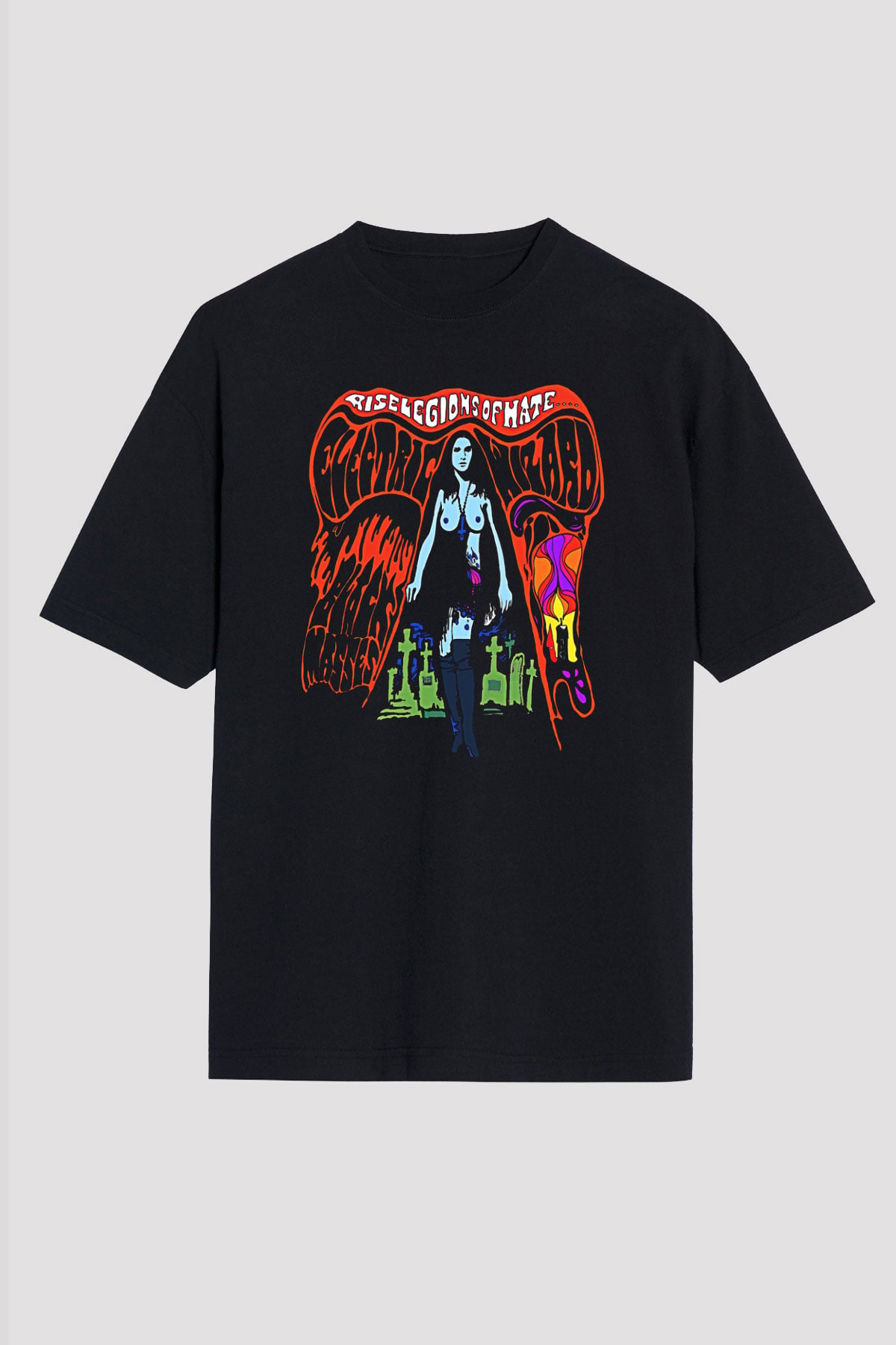 Electric Wizard Baskılı Unisex Siyah Oversize Tişört - Tshirt
