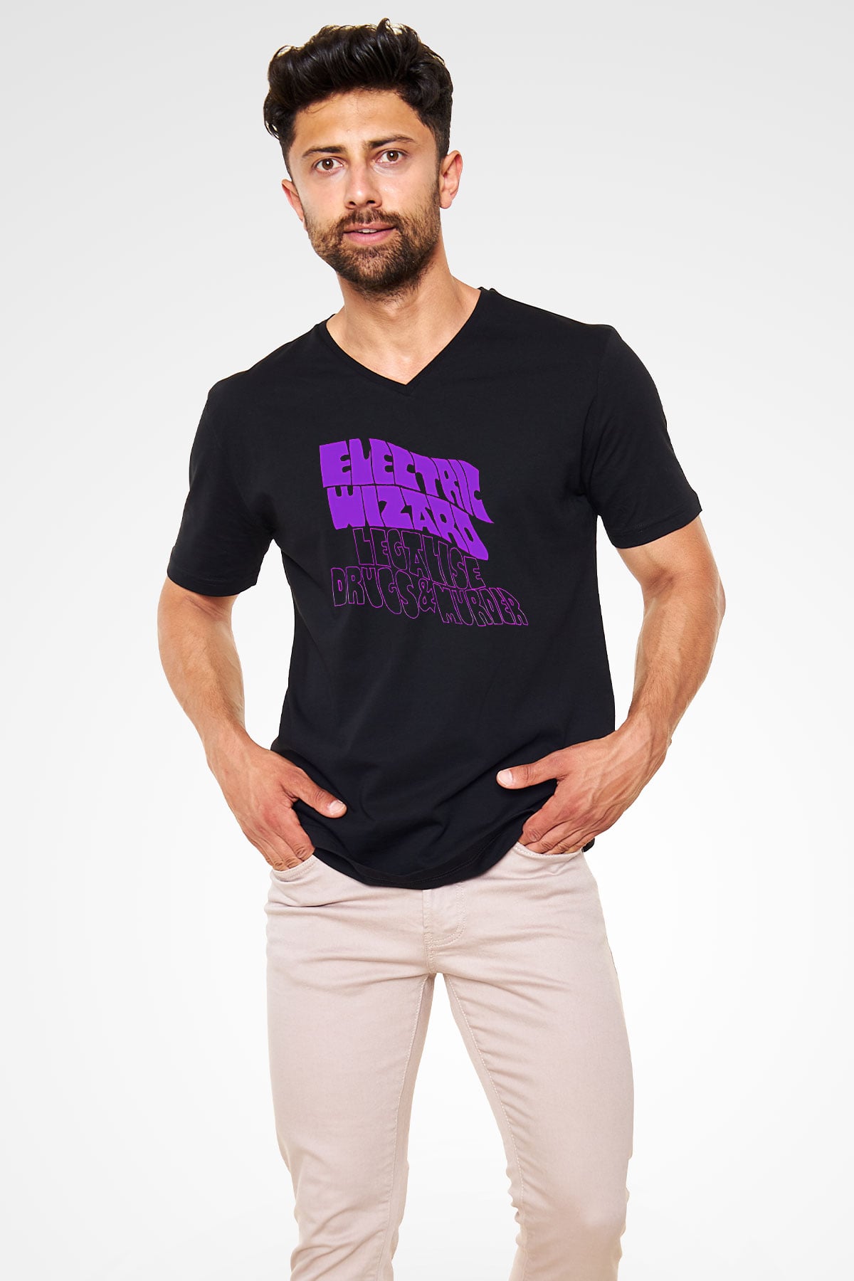 Electric Wizard Baskılı Unisex Siyah V Yaka Tişört - Tshirt