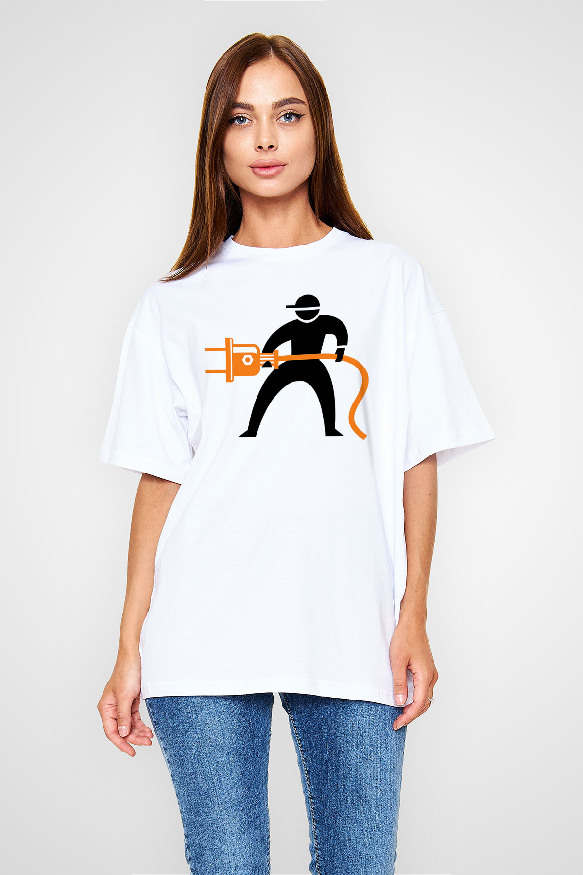 Elektrikçi Beyaz Unisex Oversize Tişört T-Shirt