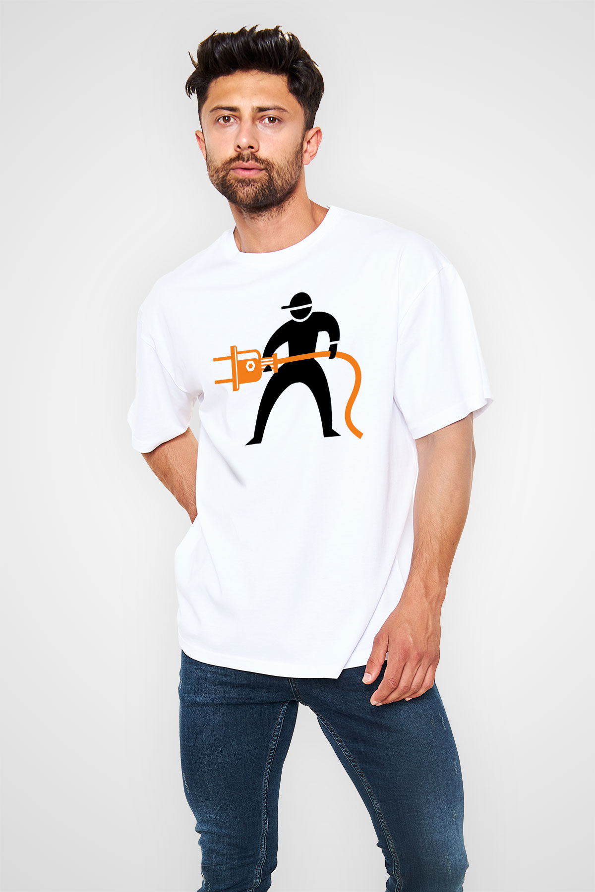 Elektrikçi Beyaz Unisex Oversize Tişört T-Shirt