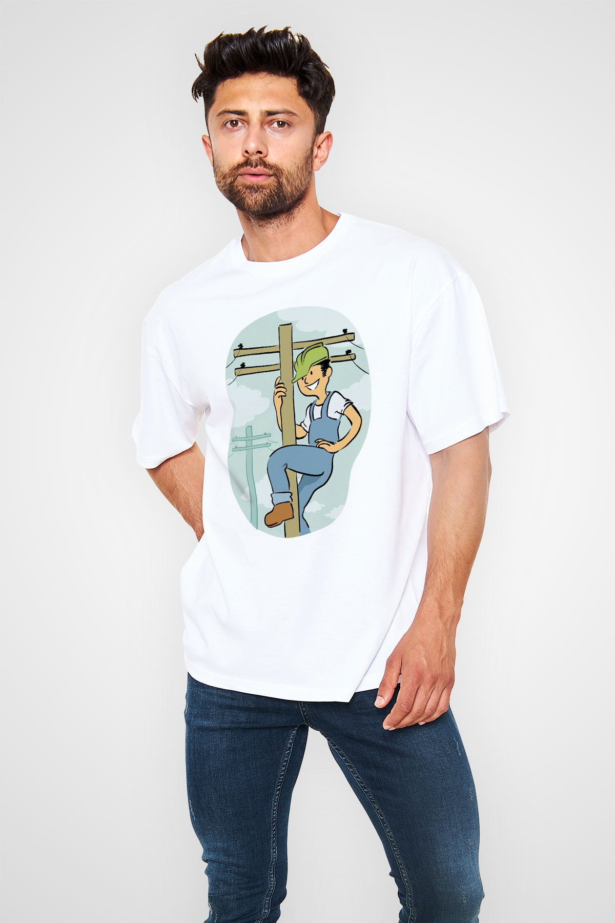 Elektrikçi Beyaz Unisex Oversize Tişört T-Shirt