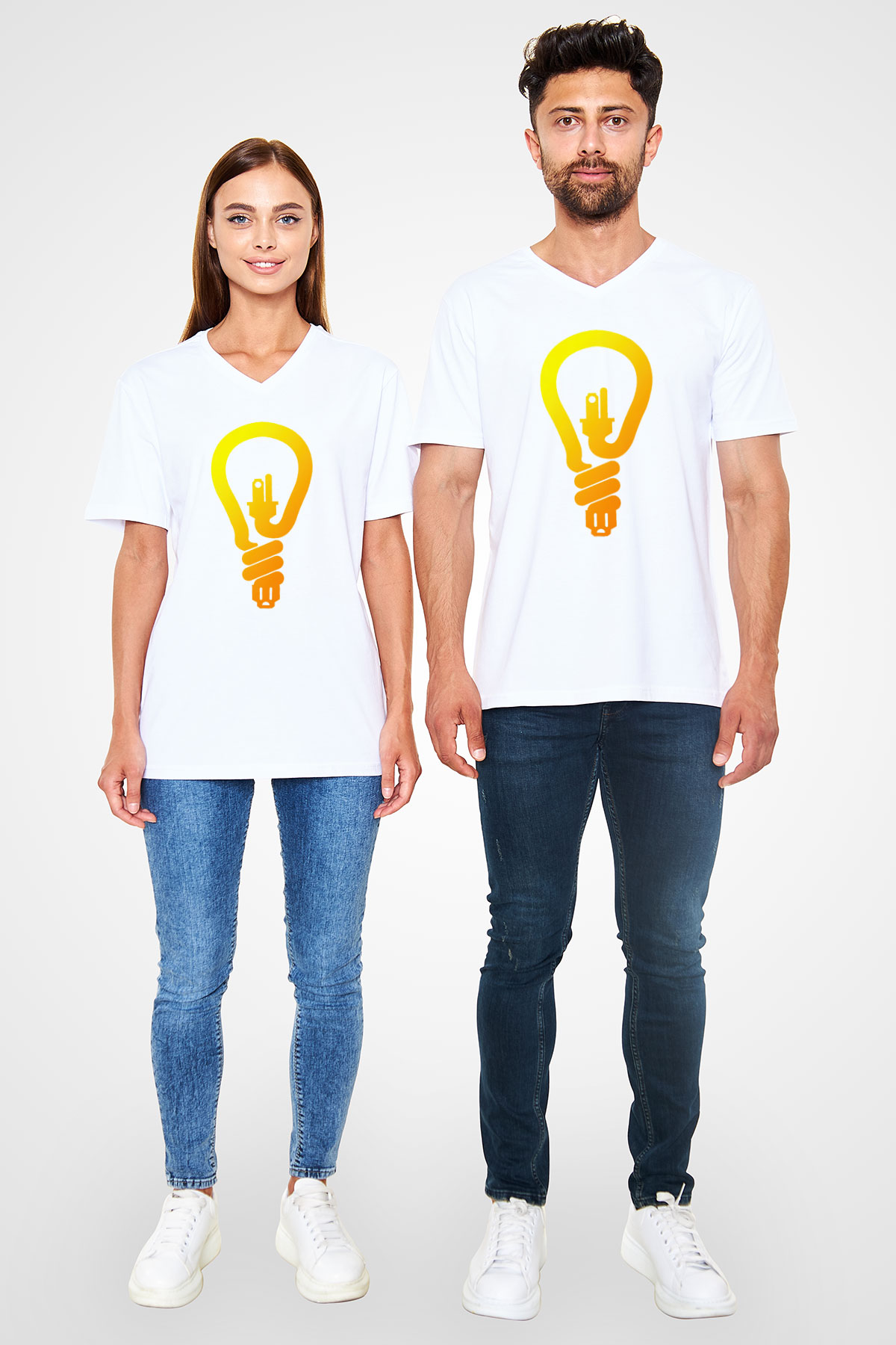 Elektrikçi Beyaz Unisex V Yaka Tişört T-Shirt