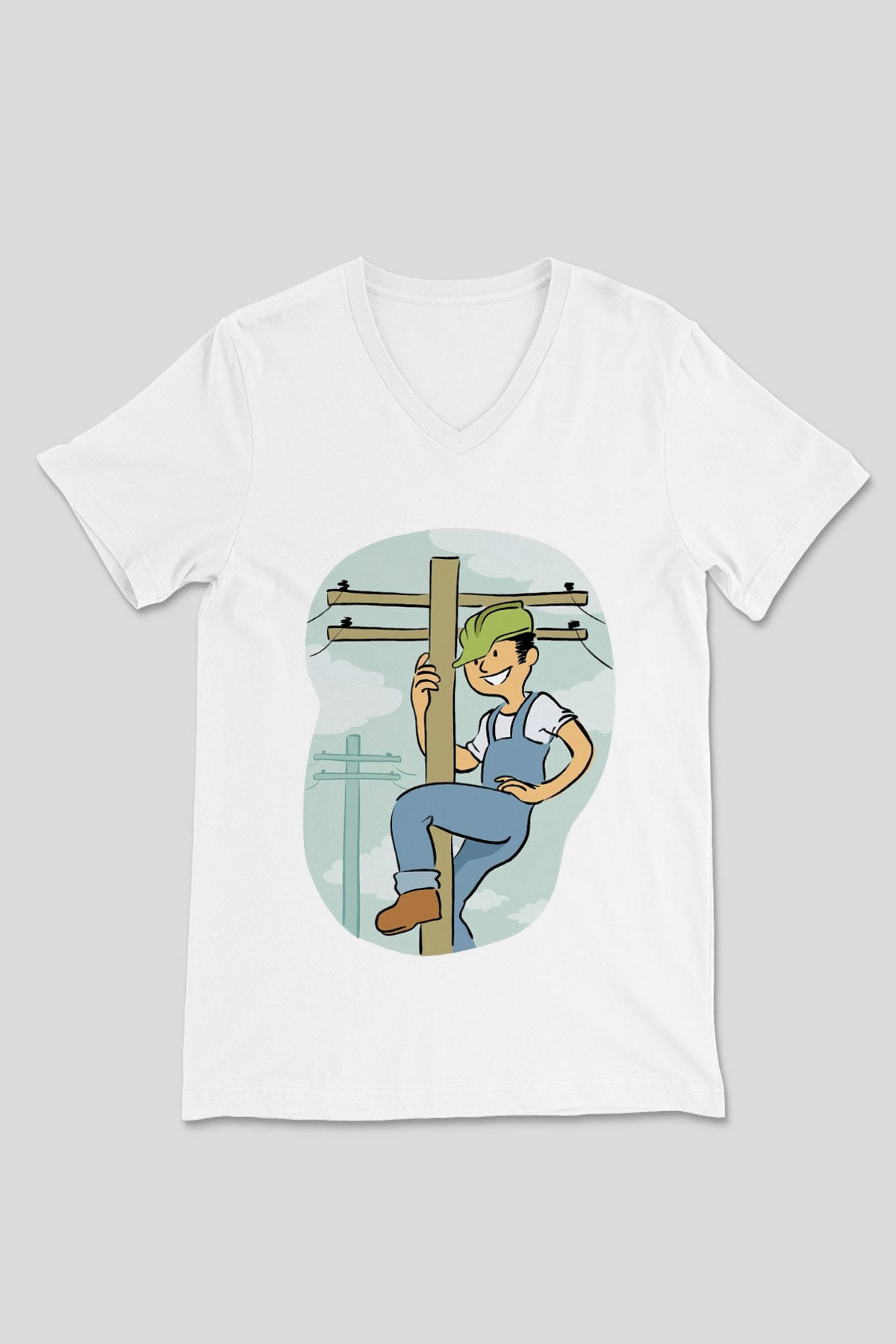 Elektrikçi Beyaz Unisex V Yaka Tişört T-Shirt
