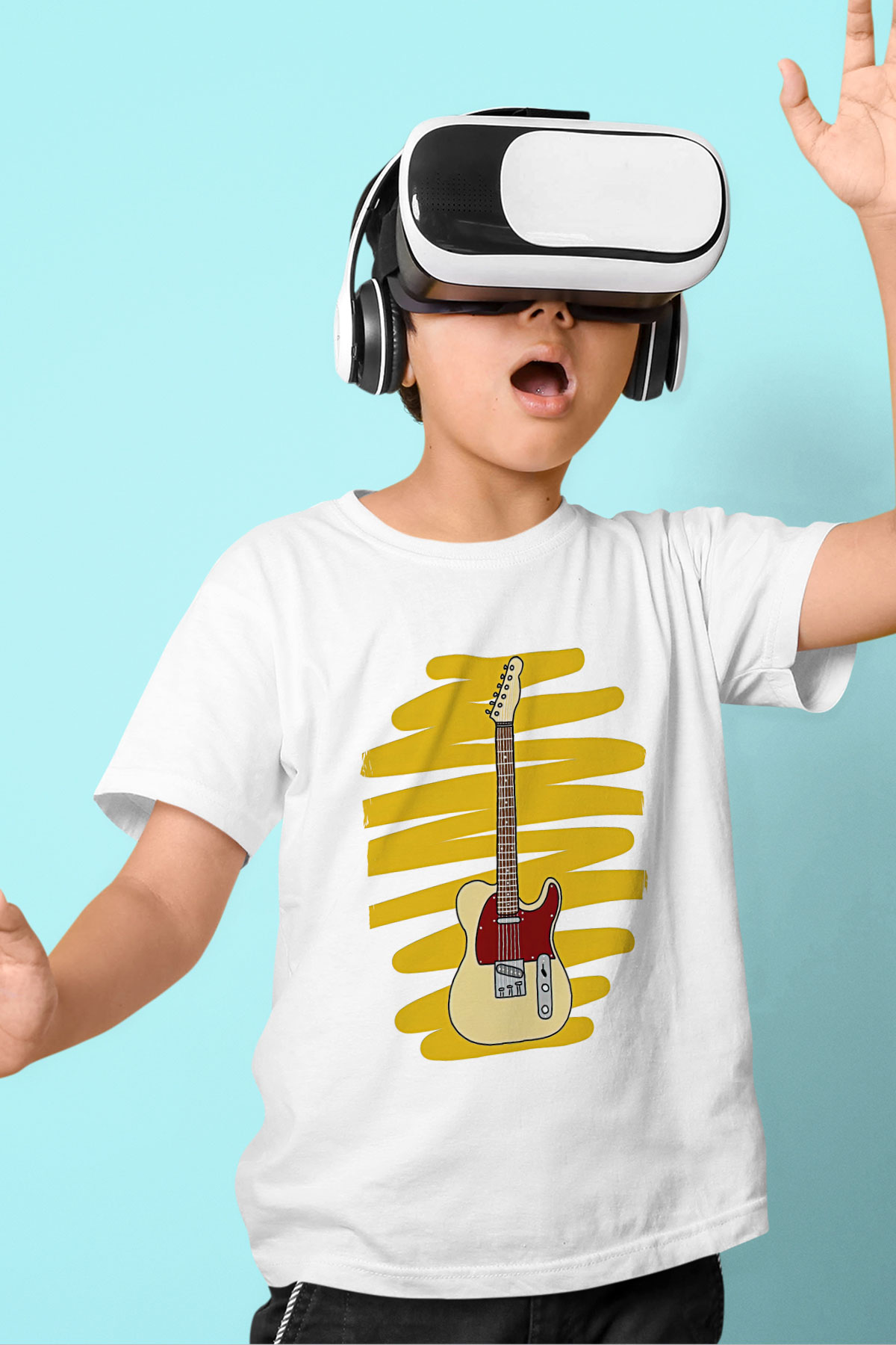 Elektro Gitar Baskılı Beyaz Unisex Beyaz Çocuk Tişört - Tshirt