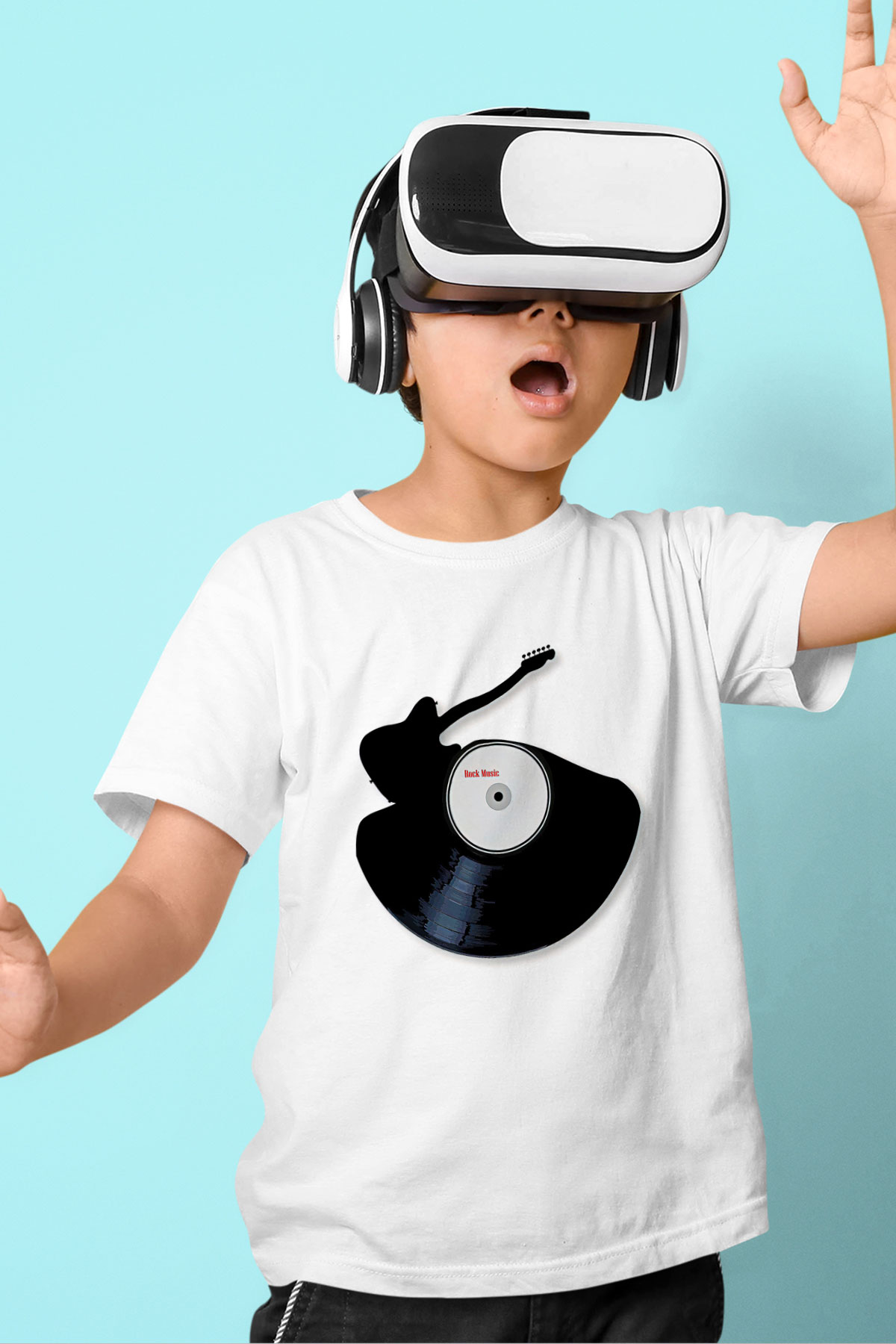Elektro Gitar Baskılı Beyaz Unisex Beyaz Çocuk Tişört - Tshirt