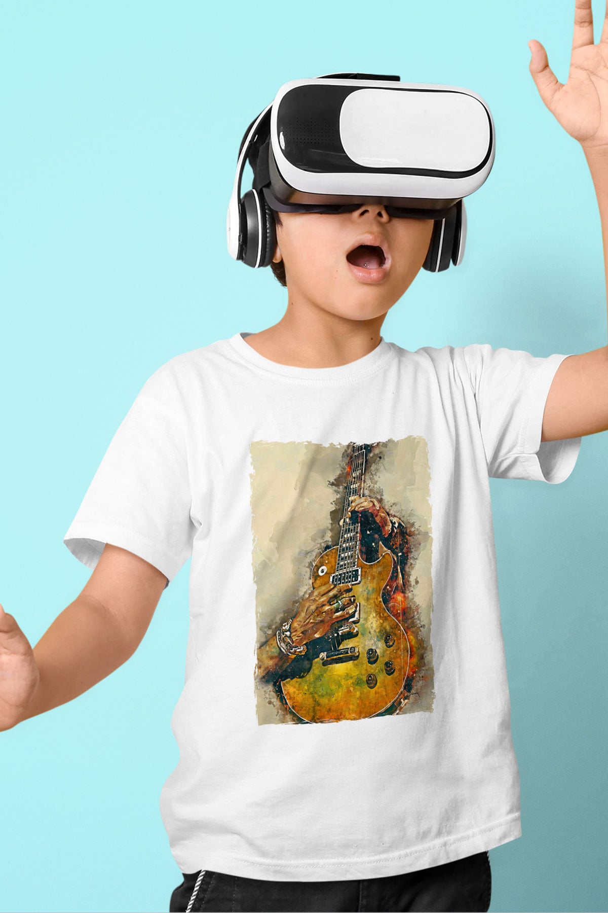 Elektro Gitar Baskılı Beyaz Unisex Beyaz Çocuk Tişört - Tshirt