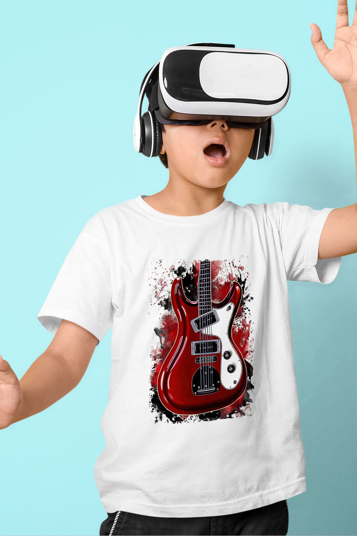Elektro Gitar Baskılı Beyaz Unisex Beyaz Çocuk Tişört - Tshirt