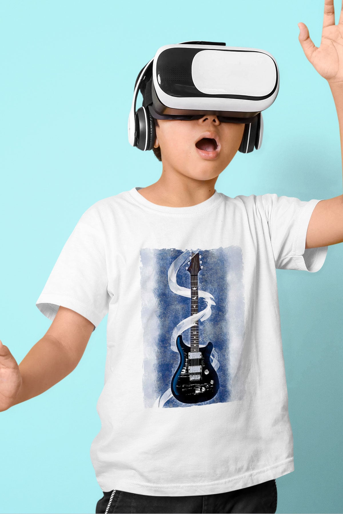 Elektro Gitar Baskılı Beyaz Unisex Beyaz Çocuk Tişört - Tshirt
