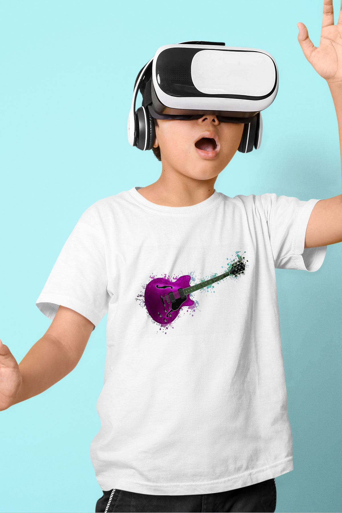Elektro Gitar Baskılı Beyaz Unisex Beyaz Çocuk Tişört - Tshirt