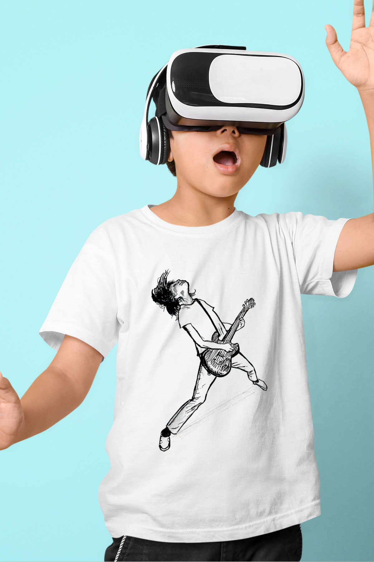 Elektro Gitar Baskılı Beyaz Unisex Beyaz Çocuk Tişört - Tshirt
