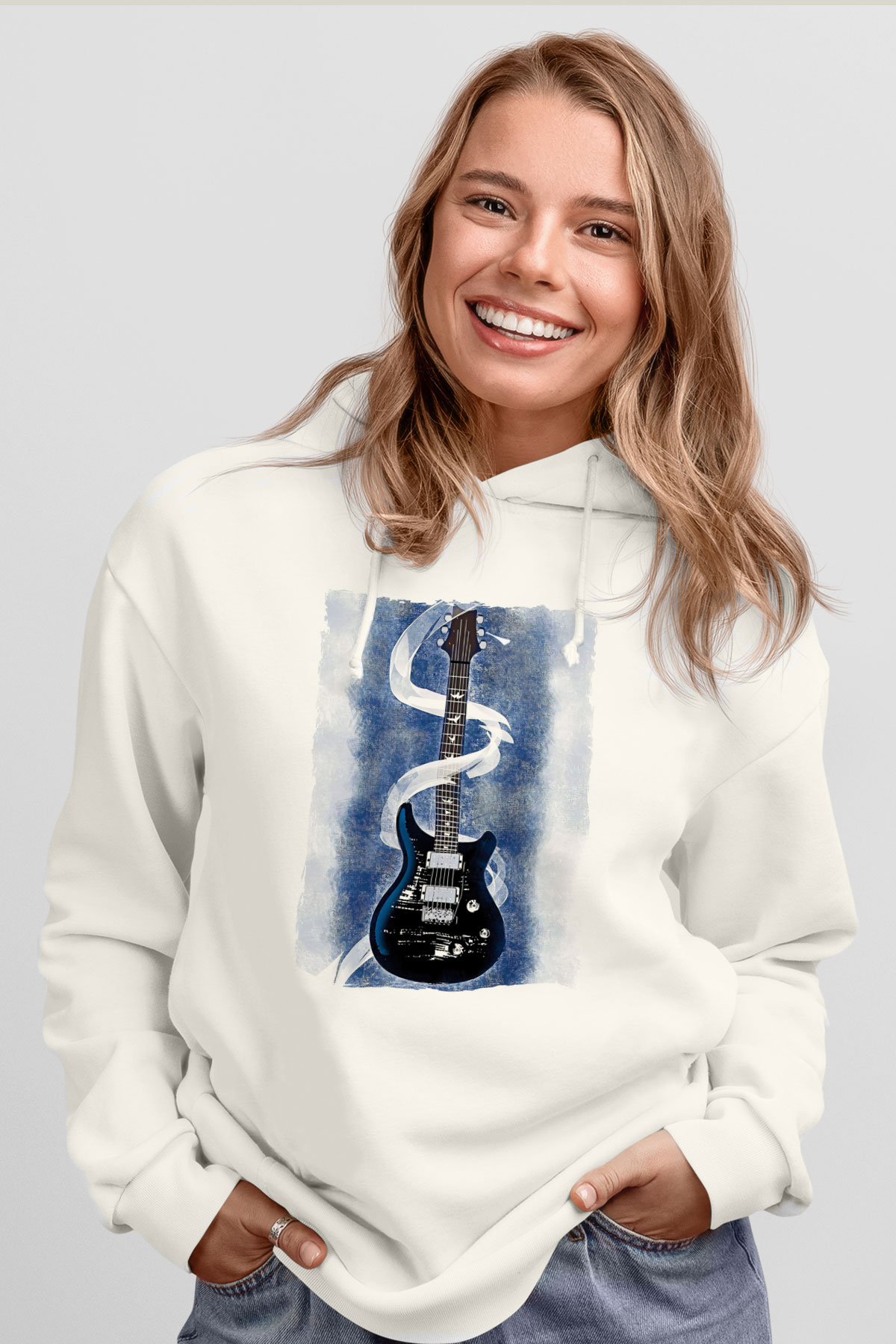 Elektro Gitar Baskılı Beyaz Unisex Hoodie