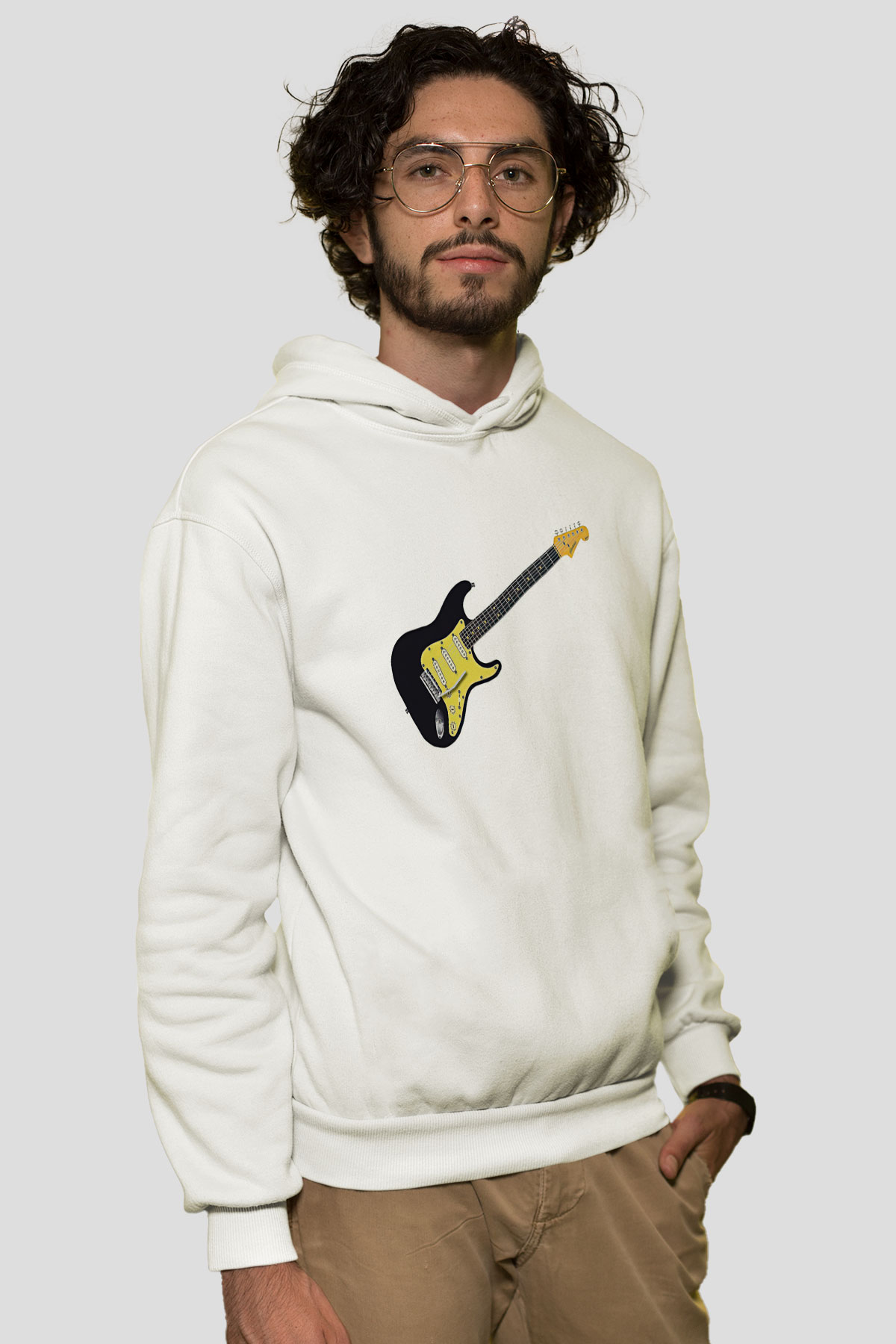 Elektro Gitar Baskılı Beyaz Unisex Hoodie