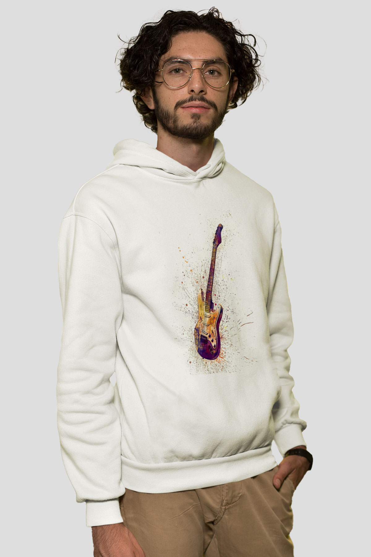 Elektro Gitar Baskılı Beyaz Unisex Hoodie