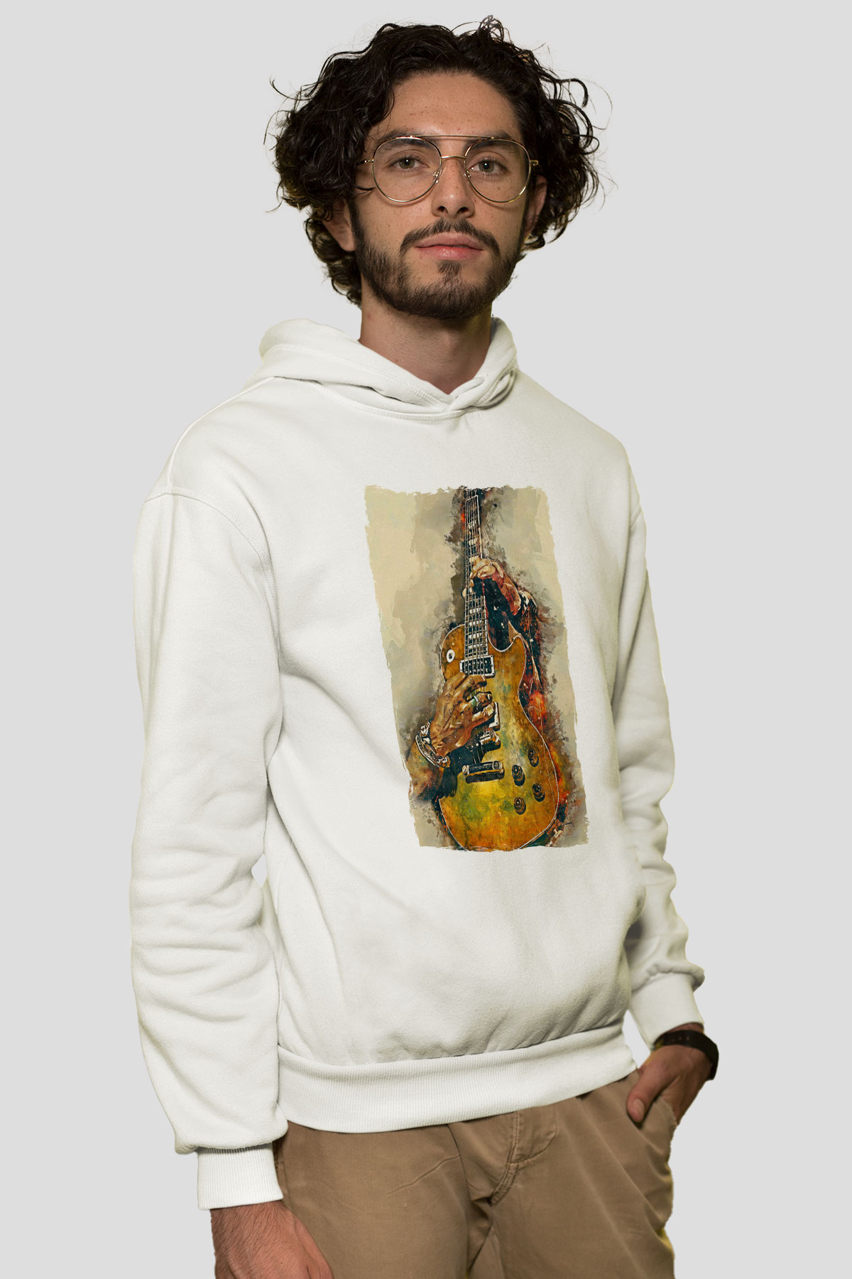 Elektro Gitar Baskılı Beyaz Unisex Hoodie