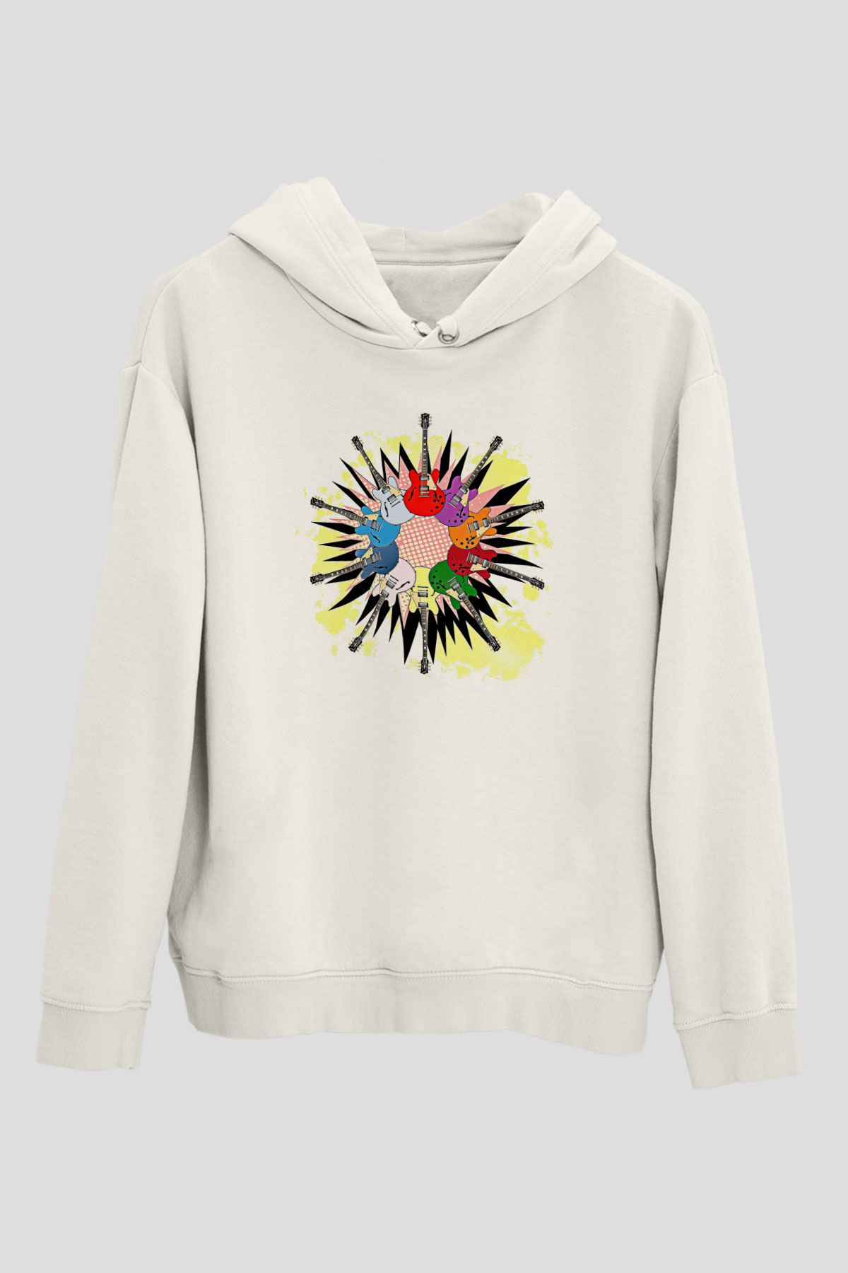 Elektro Gitar Baskılı Beyaz Unisex Hoodie