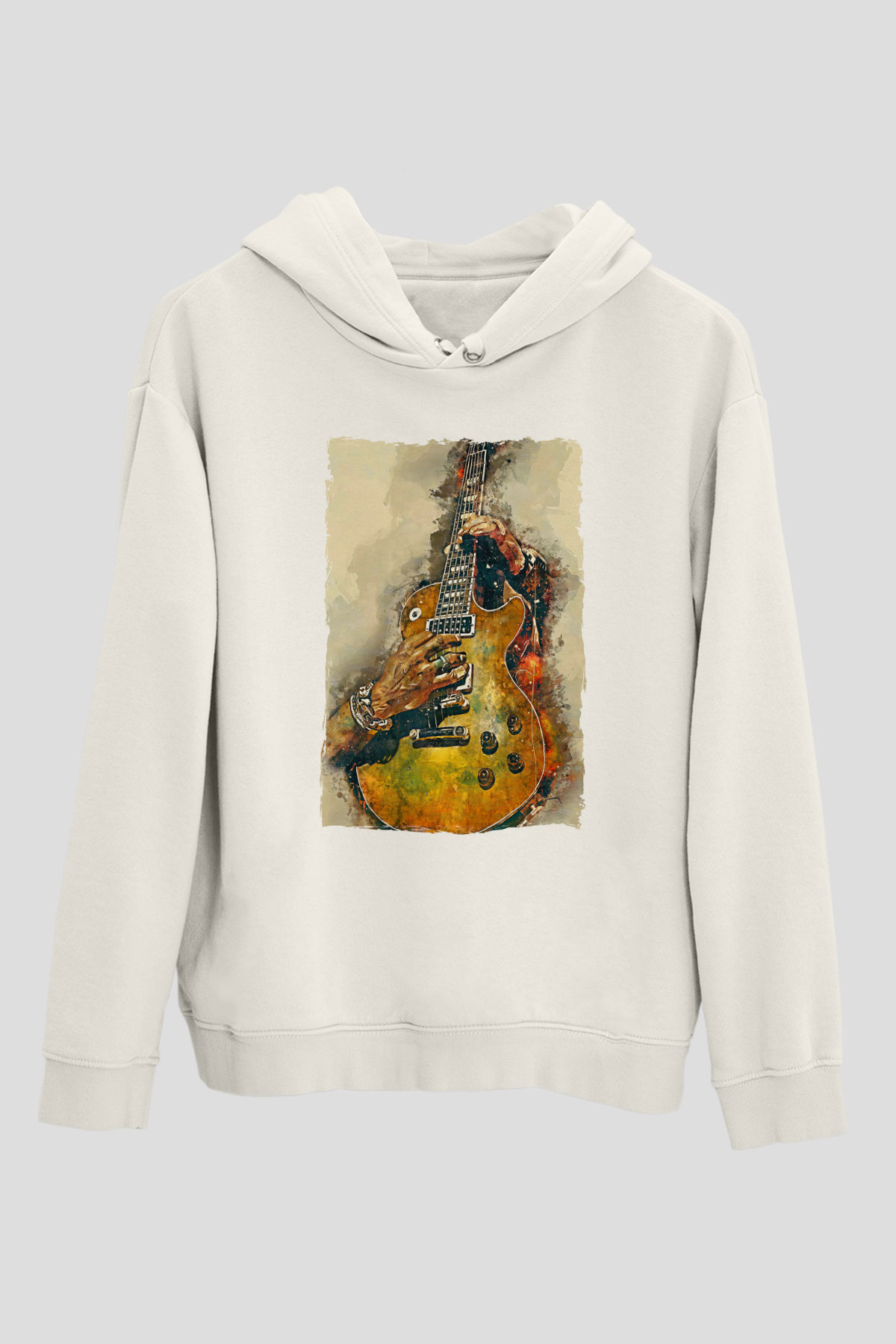 Elektro Gitar Baskılı Beyaz Unisex Hoodie