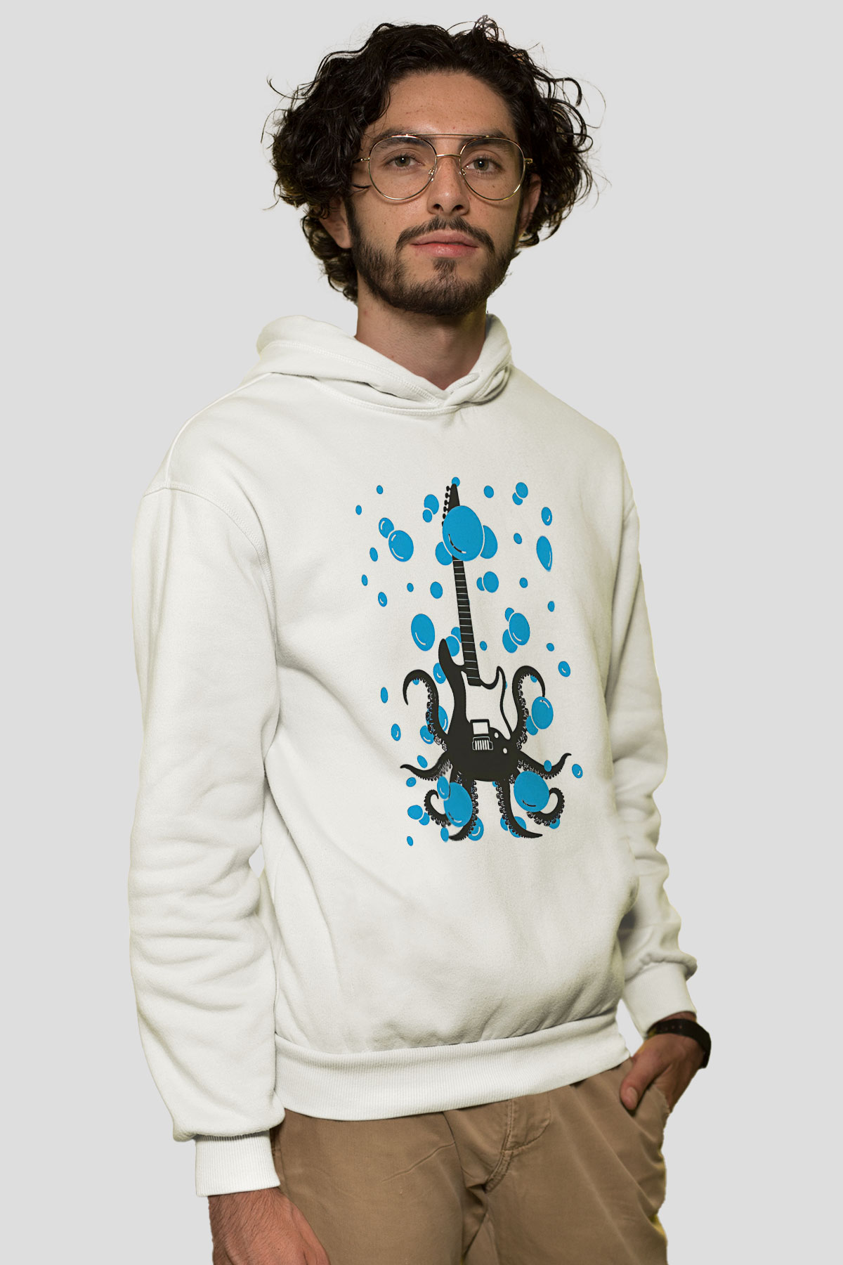 Elektro Gitar Baskılı Beyaz Unisex Hoodie