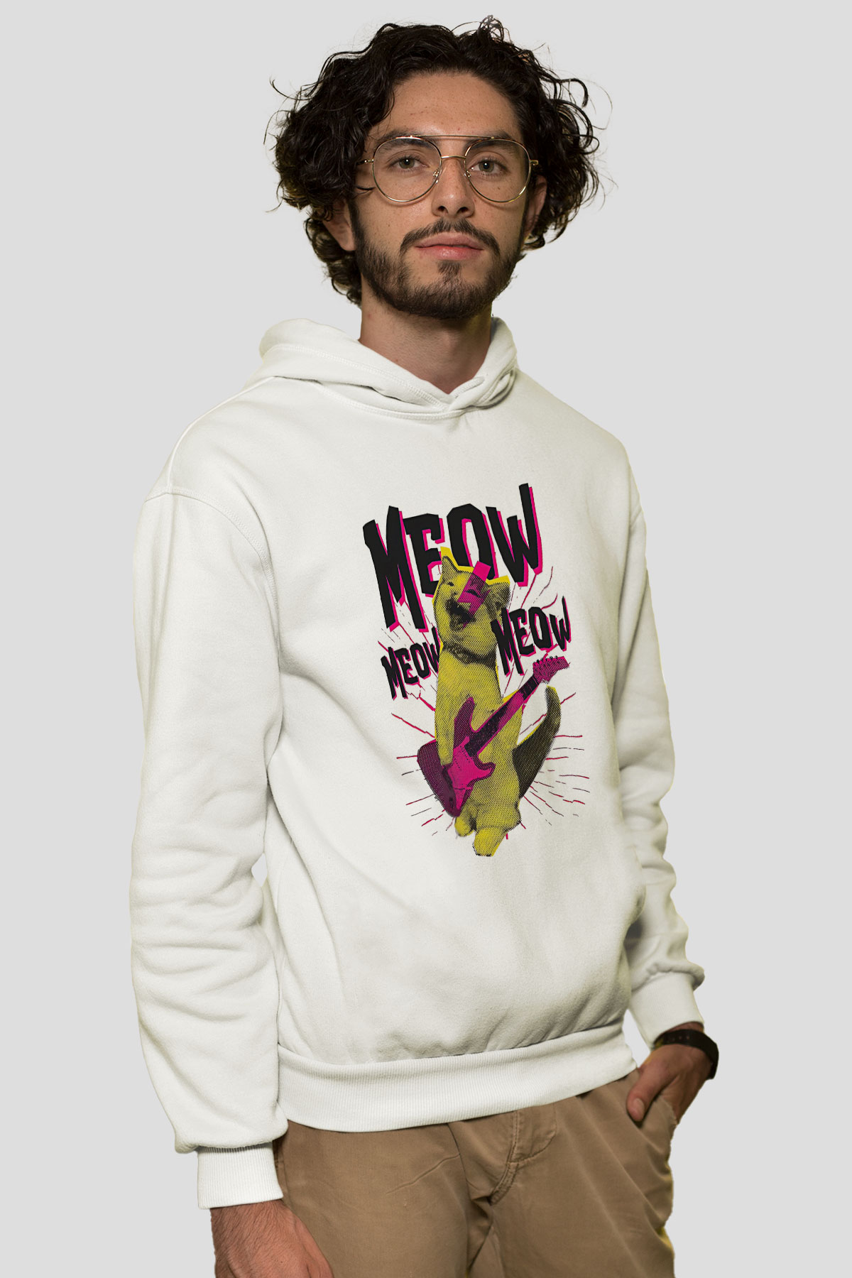Elektro Gitar Baskılı Beyaz Unisex Hoodie