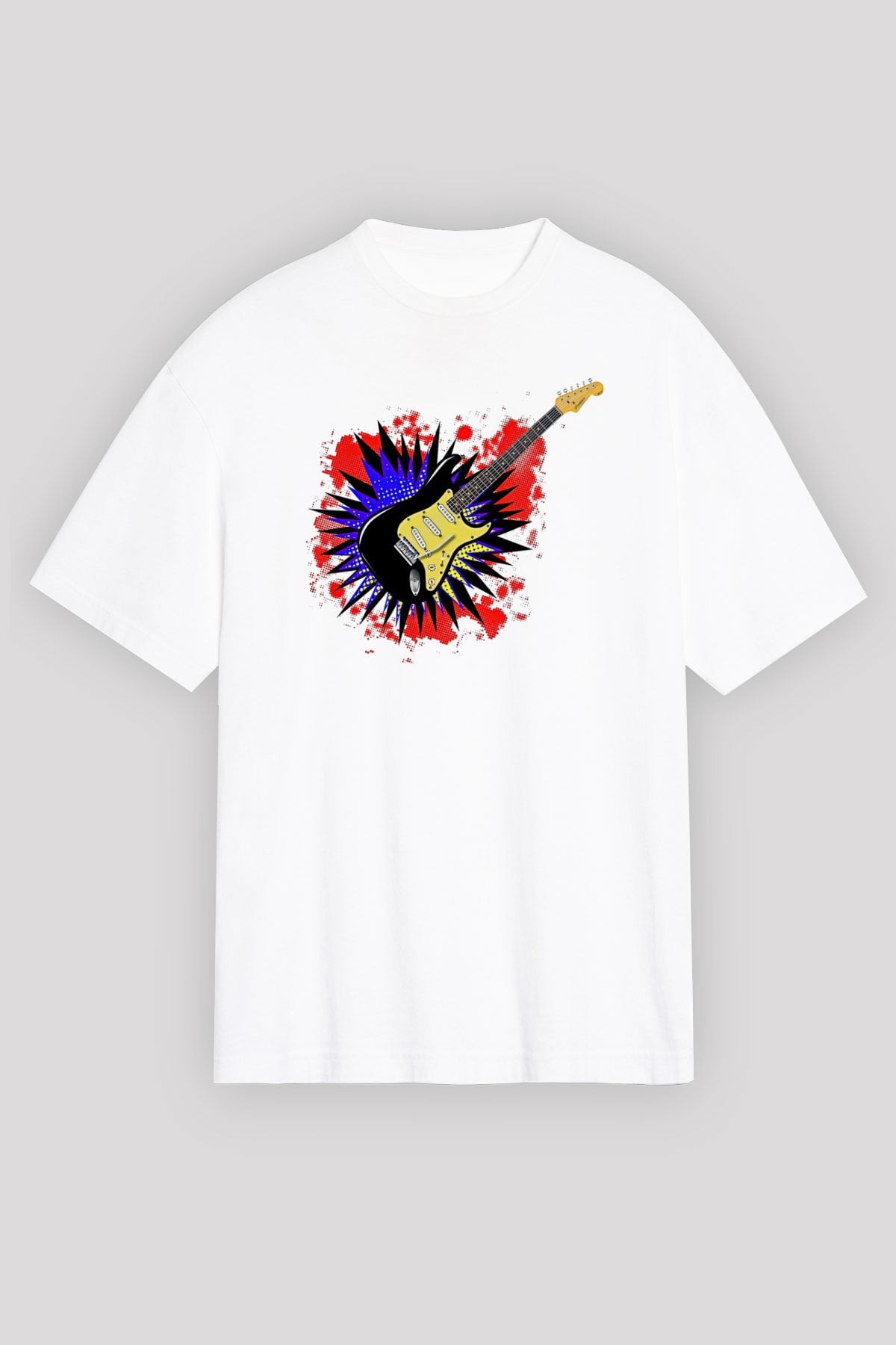 Elektro Gitar Baskılı Beyaz Unisex Oversize Tişört - Tshirt