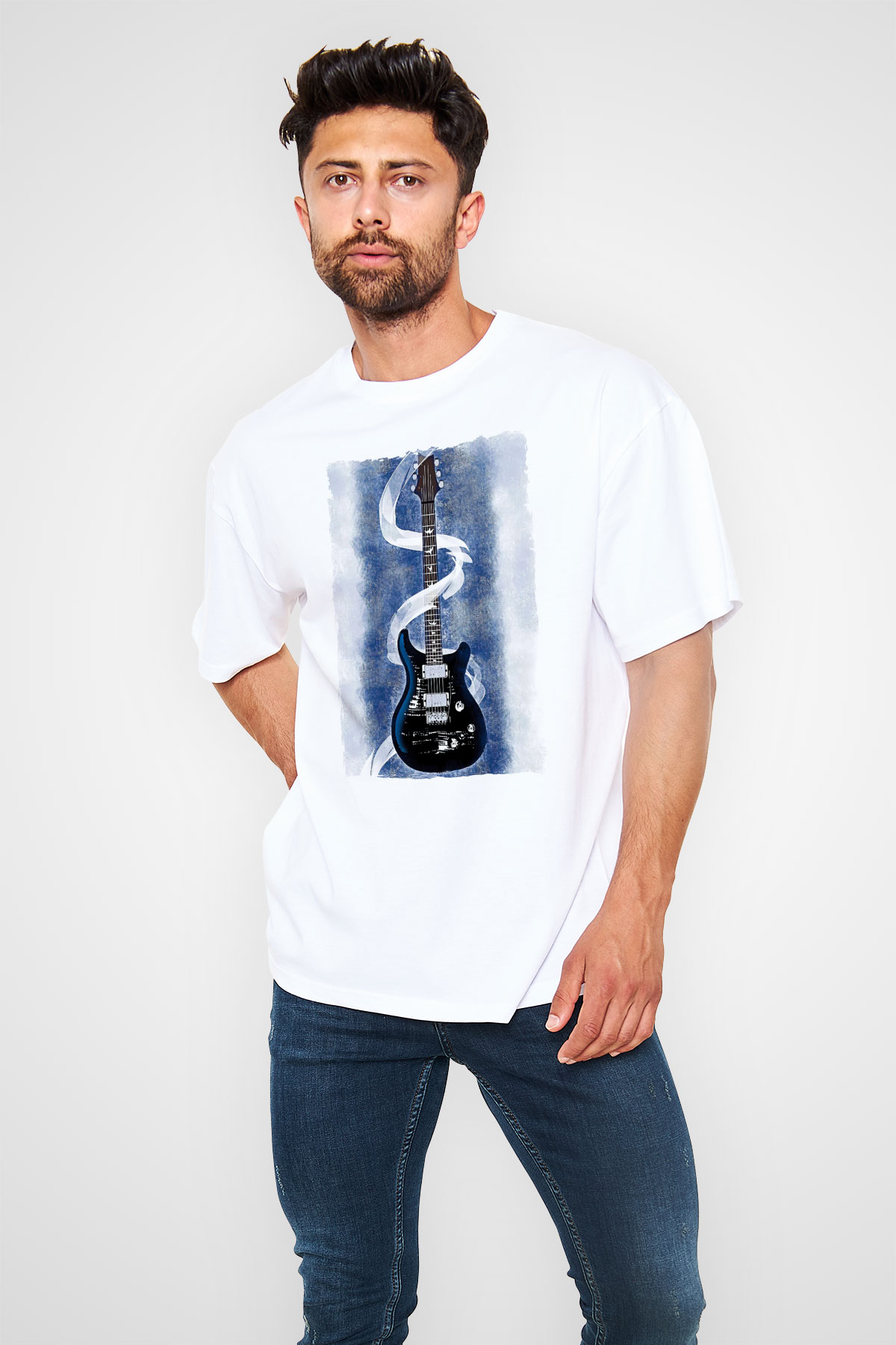 Elektro Gitar Baskılı Beyaz Unisex Oversize Tişört - Tshirt