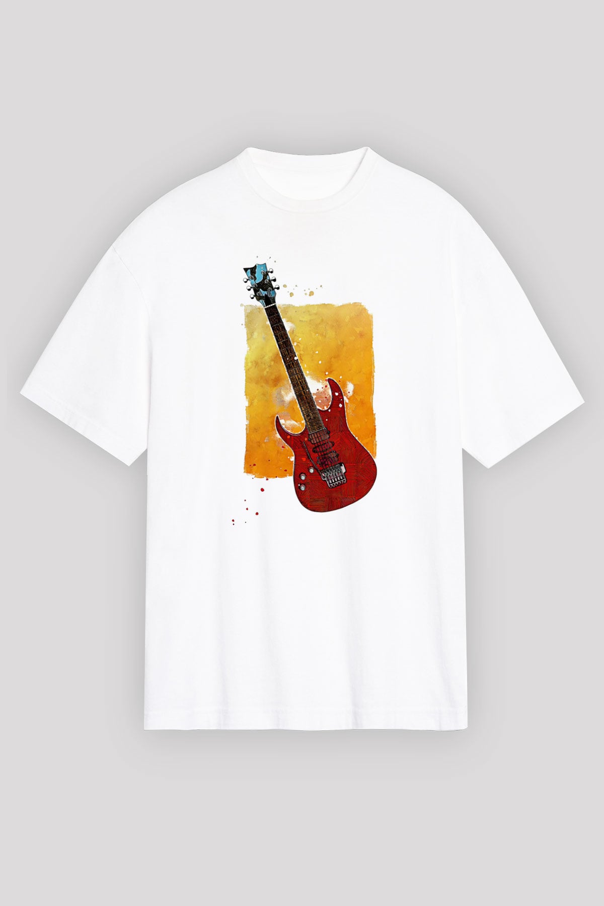 Elektro Gitar Baskılı Beyaz Unisex Oversize Tişört - Tshirt