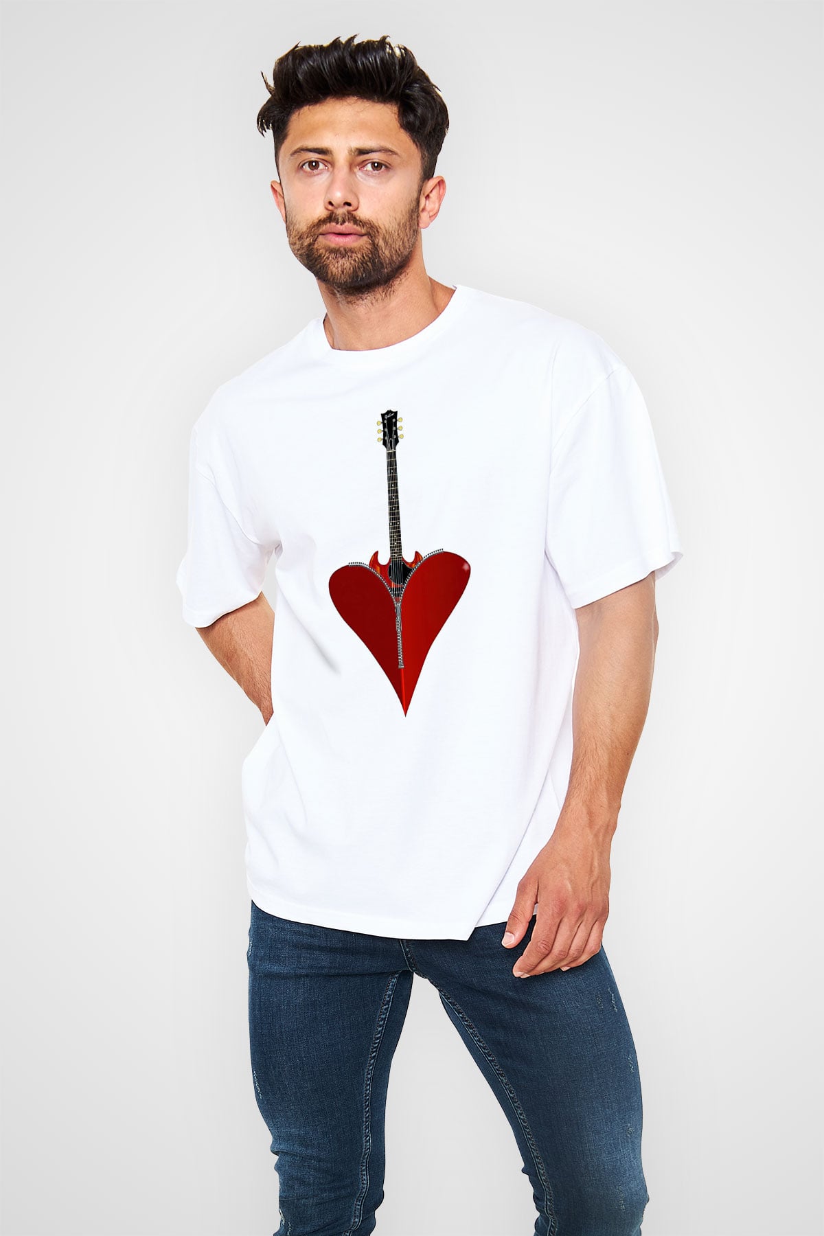 Elektro Gitar Baskılı Beyaz Unisex Oversize Tişört - Tshirt