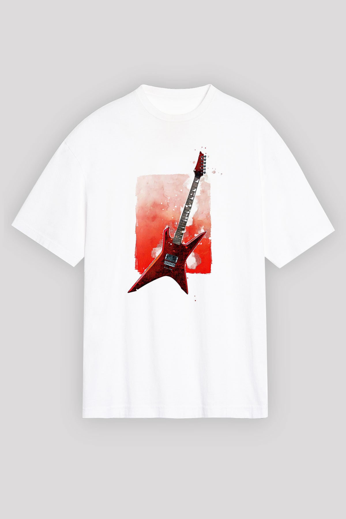 Elektro Gitar Baskılı Beyaz Unisex Oversize Tişört - Tshirt