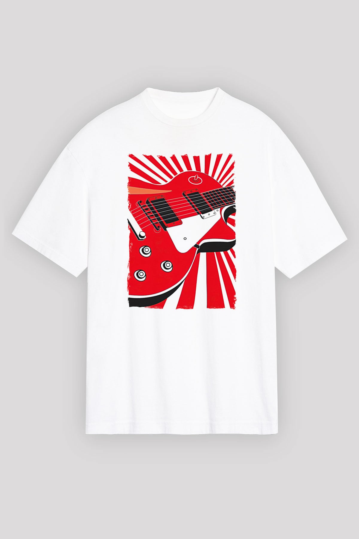 Elektro Gitar Baskılı Beyaz Unisex Oversize Tişört - Tshirt