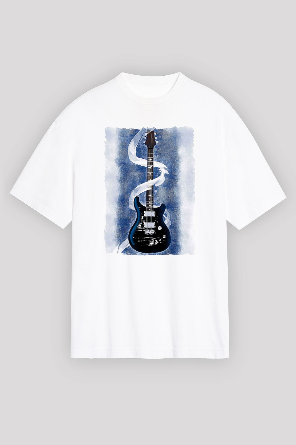 Elektro Gitar Baskılı Beyaz Unisex Oversize Tişört - Tshirt