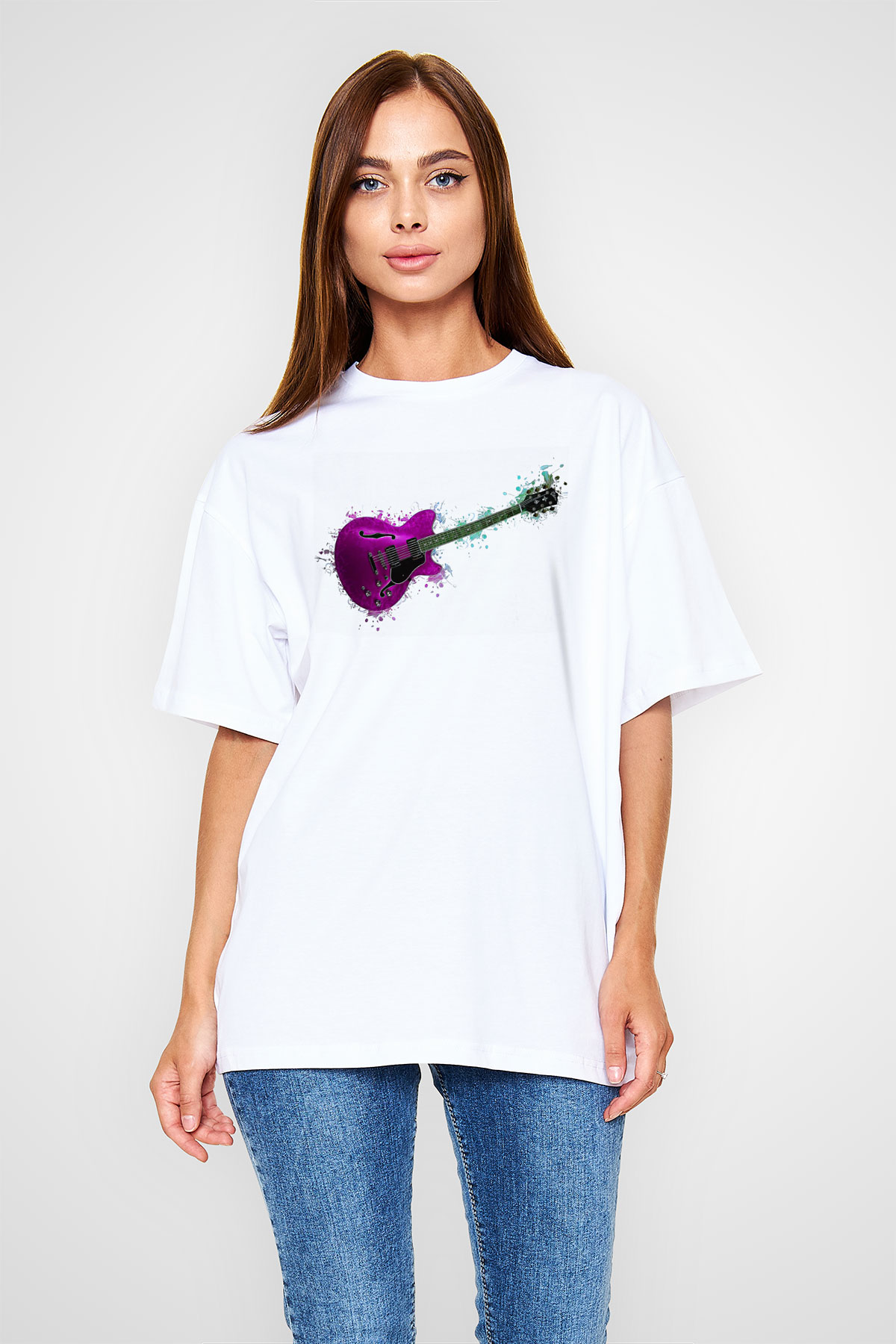 Elektro Gitar Baskılı Beyaz Unisex Oversize Tişört - Tshirt