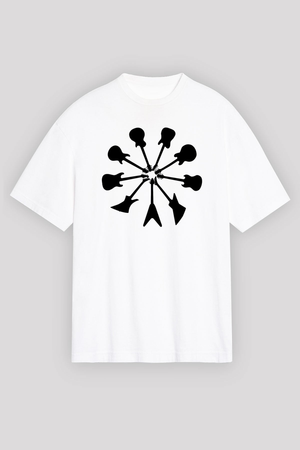 Elektro Gitar Baskılı Beyaz Unisex Oversize Tişört - Tshirt