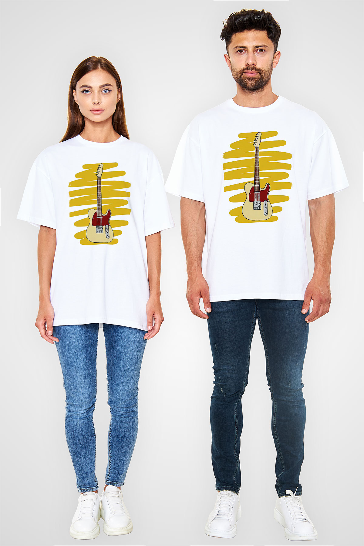 Elektro Gitar Baskılı Beyaz Unisex Oversize Tişört - Tshirt