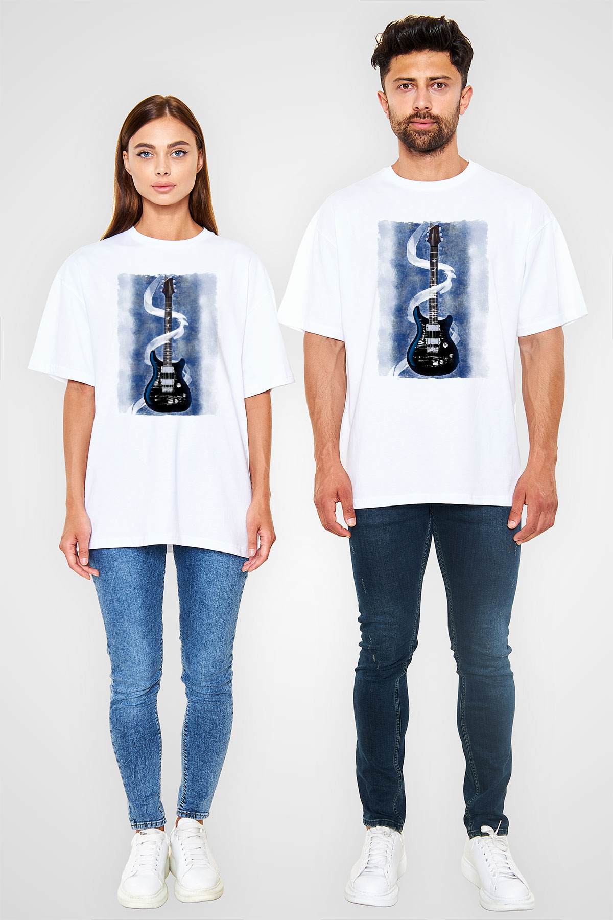 Elektro Gitar Baskılı Beyaz Unisex Oversize Tişört - Tshirt