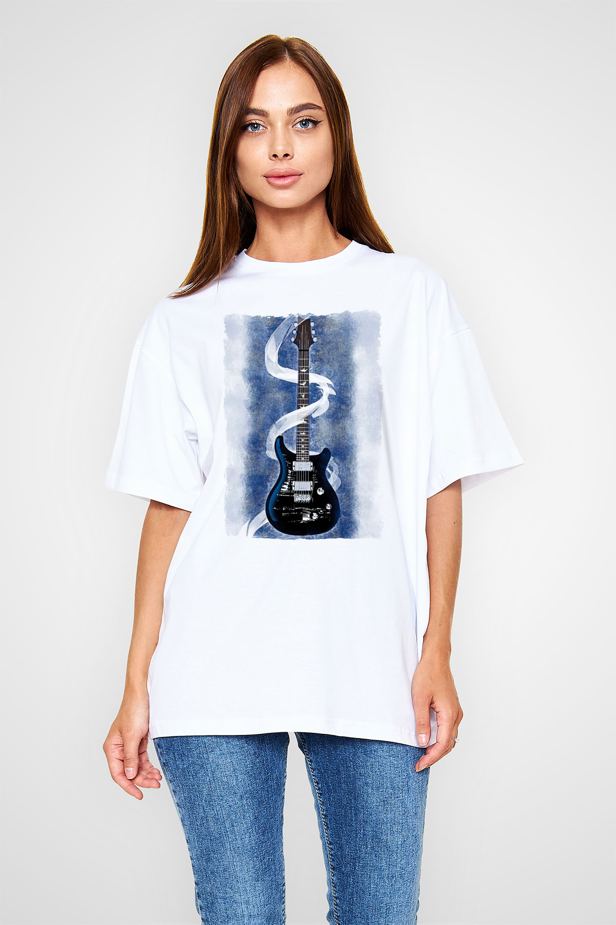 Elektro Gitar Baskılı Beyaz Unisex Oversize Tişört - Tshirt