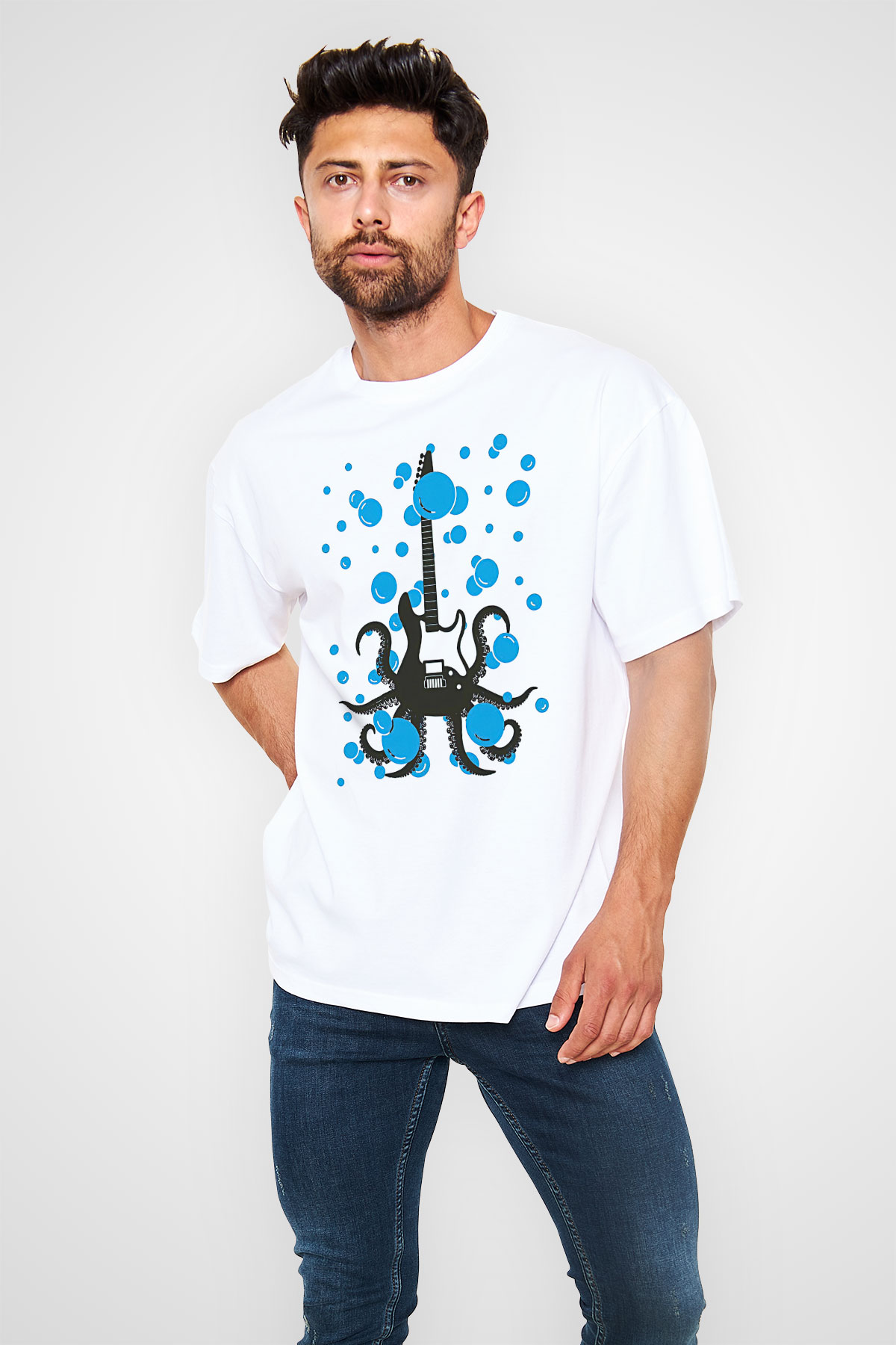 Elektro Gitar Baskılı Beyaz Unisex Oversize Tişört - Tshirt