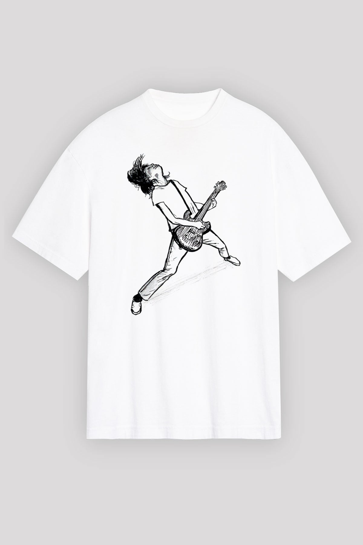 Elektro Gitar Baskılı Beyaz Unisex Oversize Tişört - Tshirt